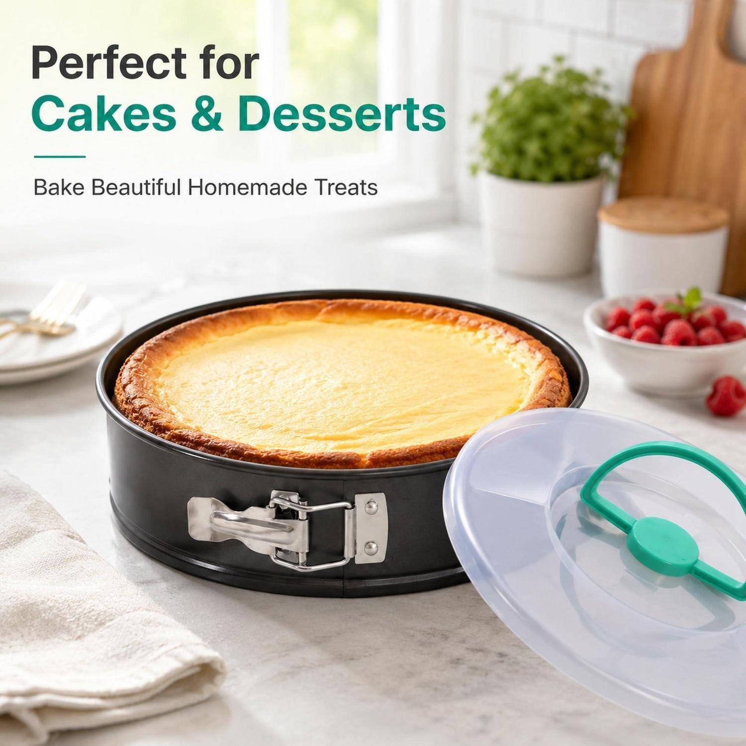 Springform-Kuchenform mit gebackenem Käsekuchen und Deckel; Text lautet „Perfekt für Kuchen & Desserts" und „Backe wunderbare selbstgemachte Leckereien"".