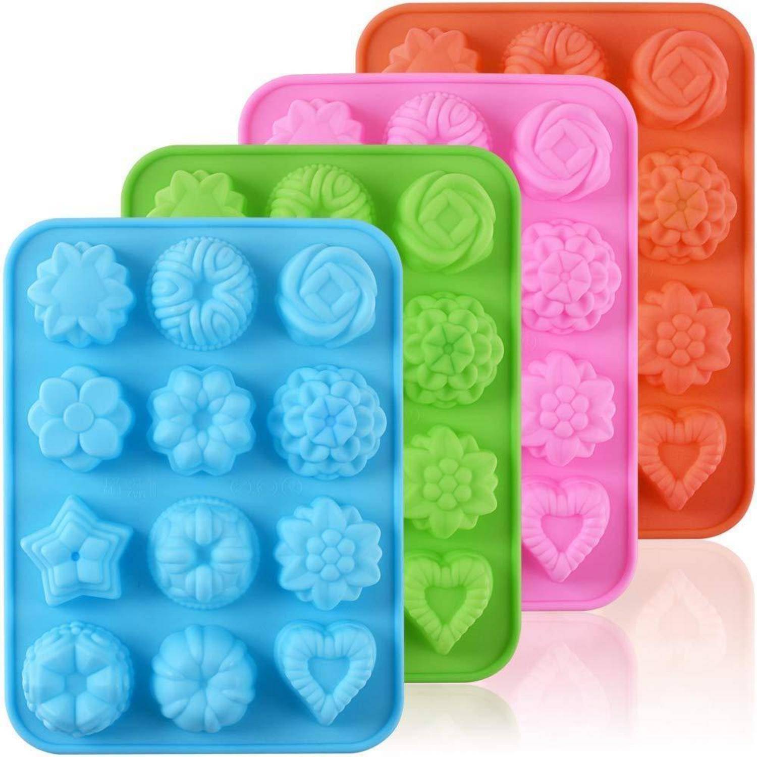 Silikonform Blumenform 12 Mulden 4er Set Grün Blau Pink Orange