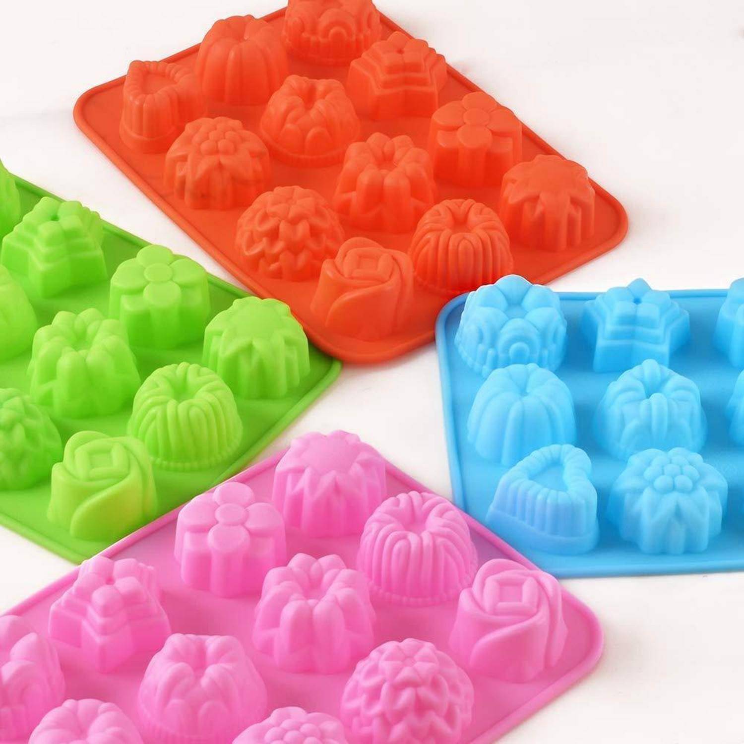 Silikonform Blumenform 12 Mulden 4er Set Grün Blau Pink Orange