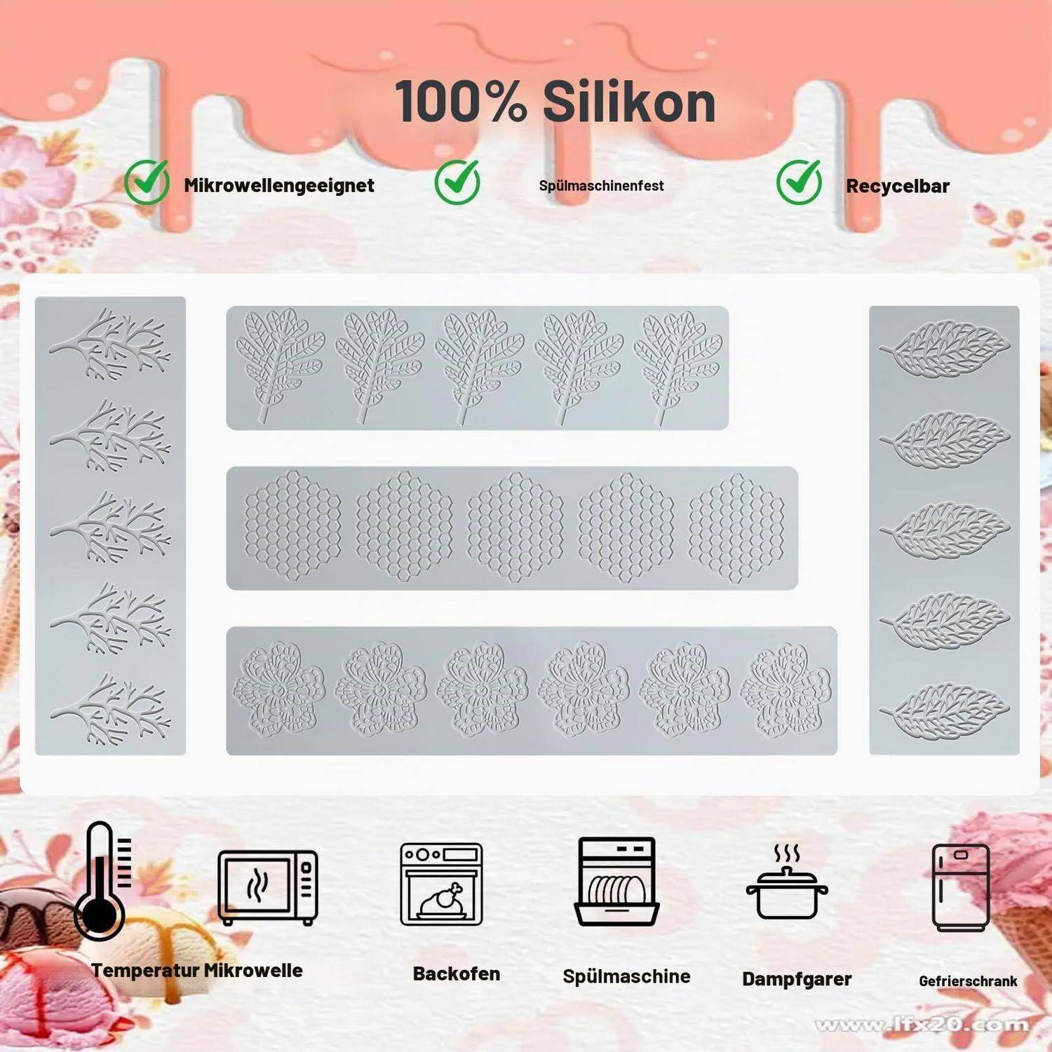 Silikonform Set 5 Stück Blatt/Wabe/Blume für Kuchen/Süßigkeiten/Basteln