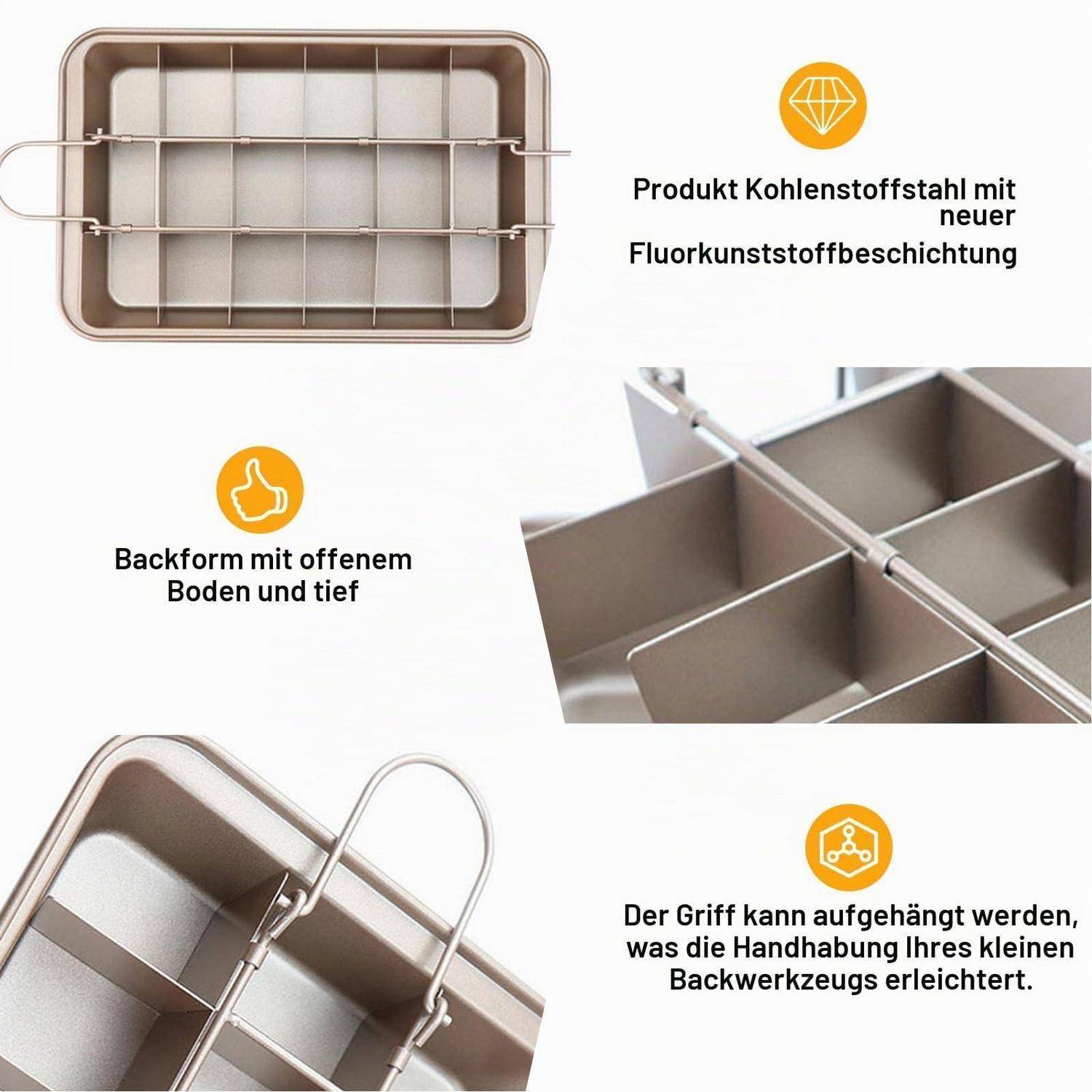Collage einer rechteckigen Backform mit Rastereinteilung und Griff, die antihaftbeschichteten Kohlenstoffstahl, tiefes offenes Design am Boden und Aufhänge-Griffmerkmale zeigt.