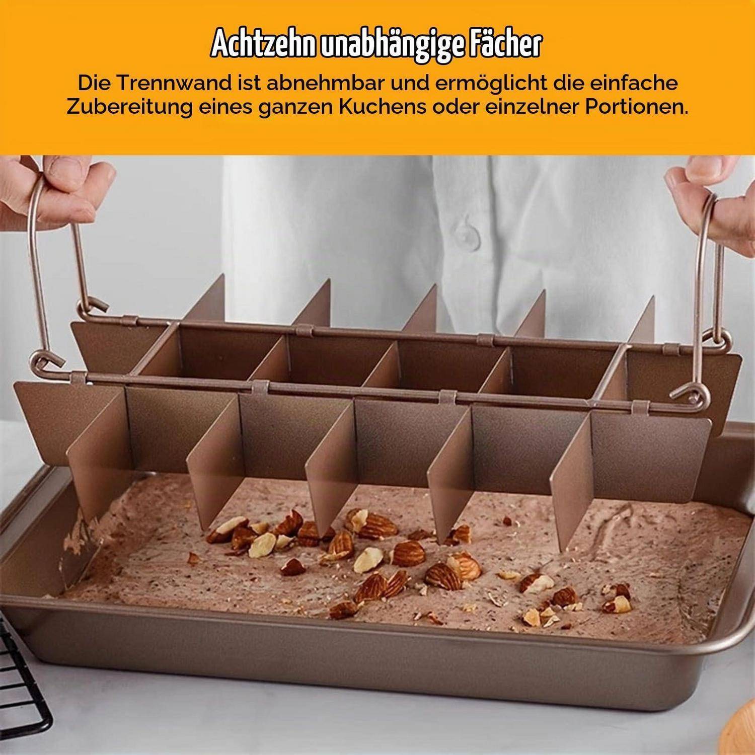 Kuchenform mit abnehmbaren Trennwänden, die 18 separate Fächer schaffen, wird von Händen hochgehoben gezeigt; deutscher Text besagt, dass es ermöglicht, einen ganzen Kuchen oder einzelne Portionen zu backen.