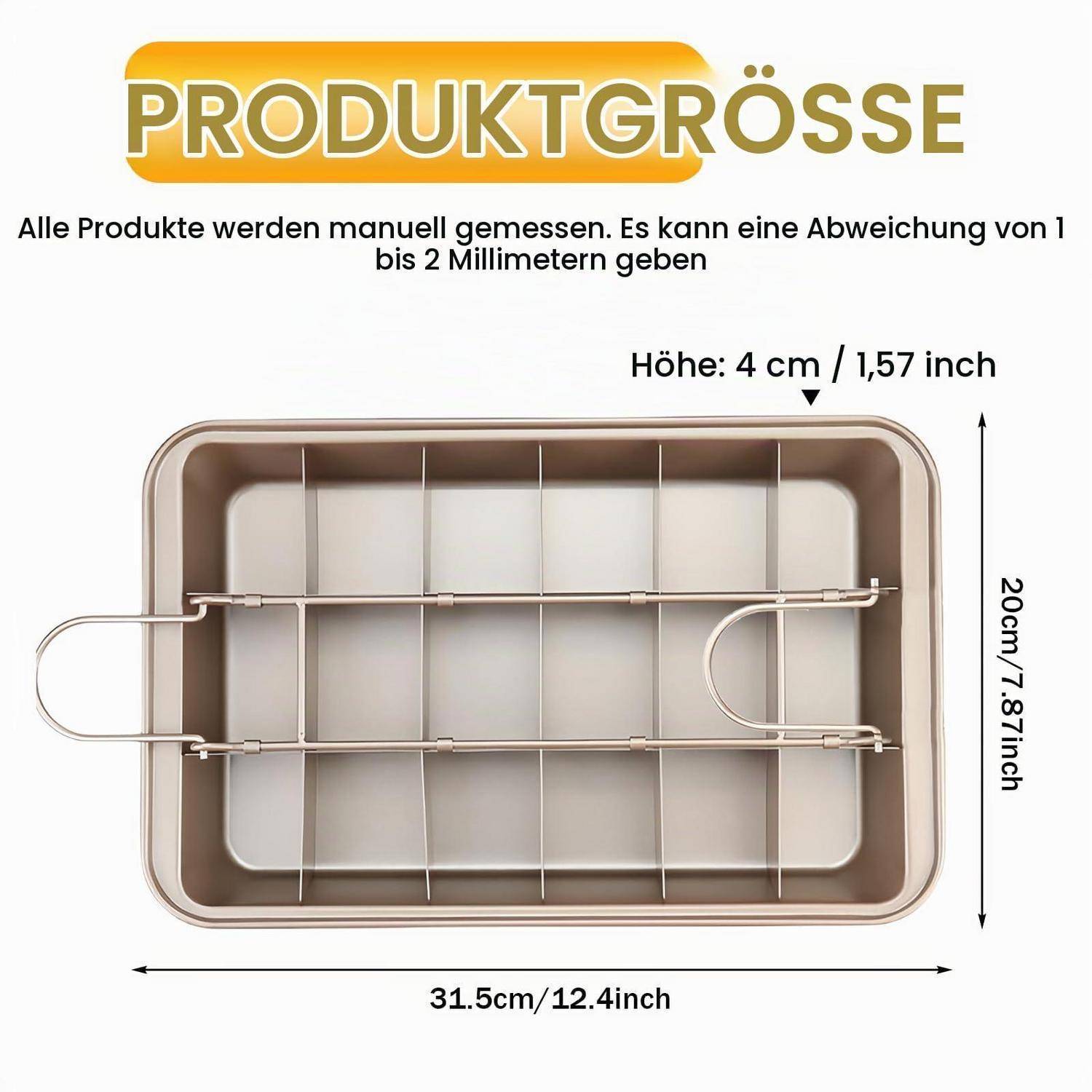 Größendiagramm eines rechteckigen Tabletts: 31,5 cm breit, 20 cm lang, 4 cm hoch; Hinweis besagt, dass die Messungen manuell vorgenommen wurden und um 1–2 mm abweichen können.