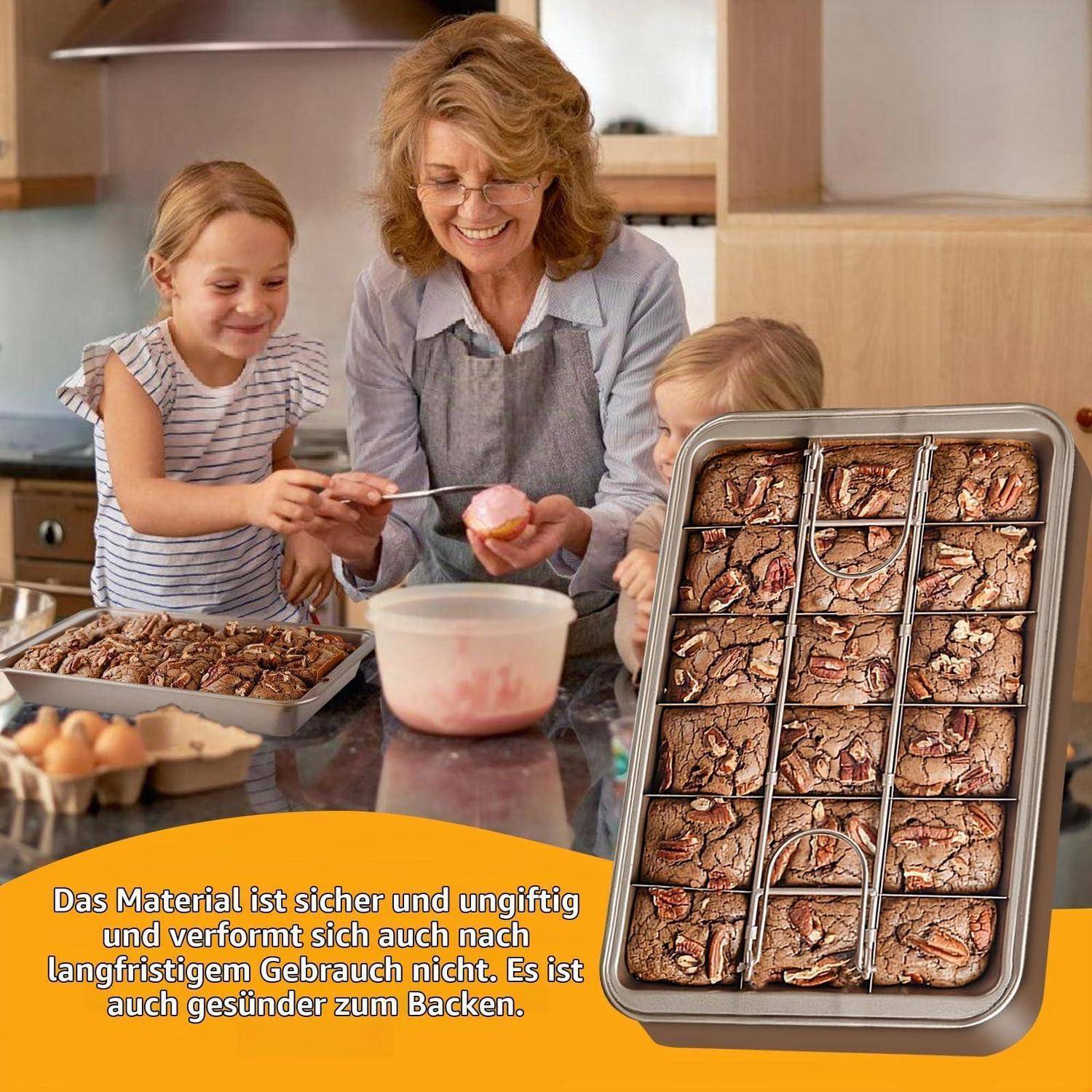Frau und zwei Kinder backen in einer Küche und halten einen Löffel über eine Schüssel; ein Tablett mit Brownies wird gezeigt, mit deutschem Text, der besagt, dass das Material sicher, ungiftig, langlebig und gesünder zum Backen ist.