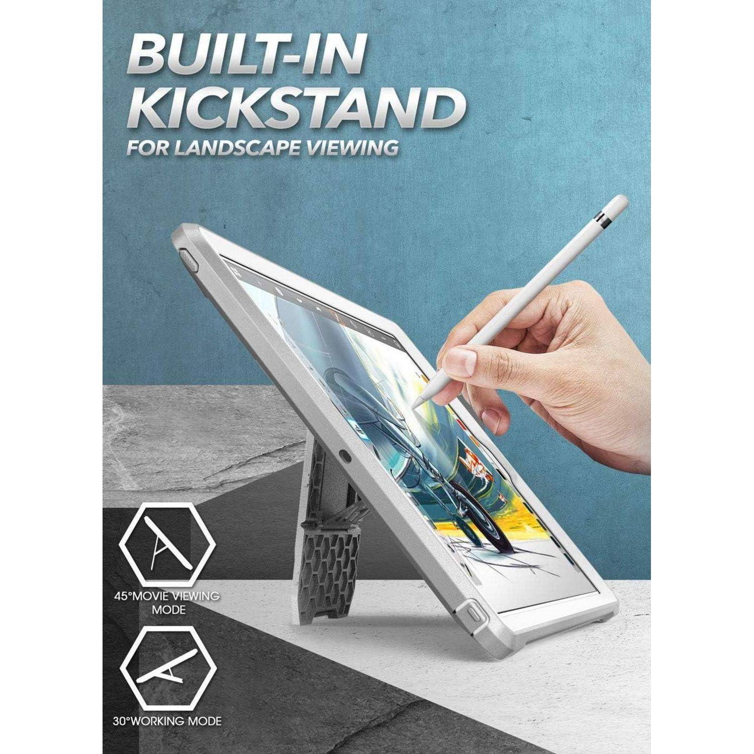 Tablet-Schutzhülle mit integriertem Ständer für die Querformatansicht; dargestellt im 45°-Filmwiedergabemodus und im 30°-Arbeitsmodus mit Stiftbenutzung auf dem Bildschirm.