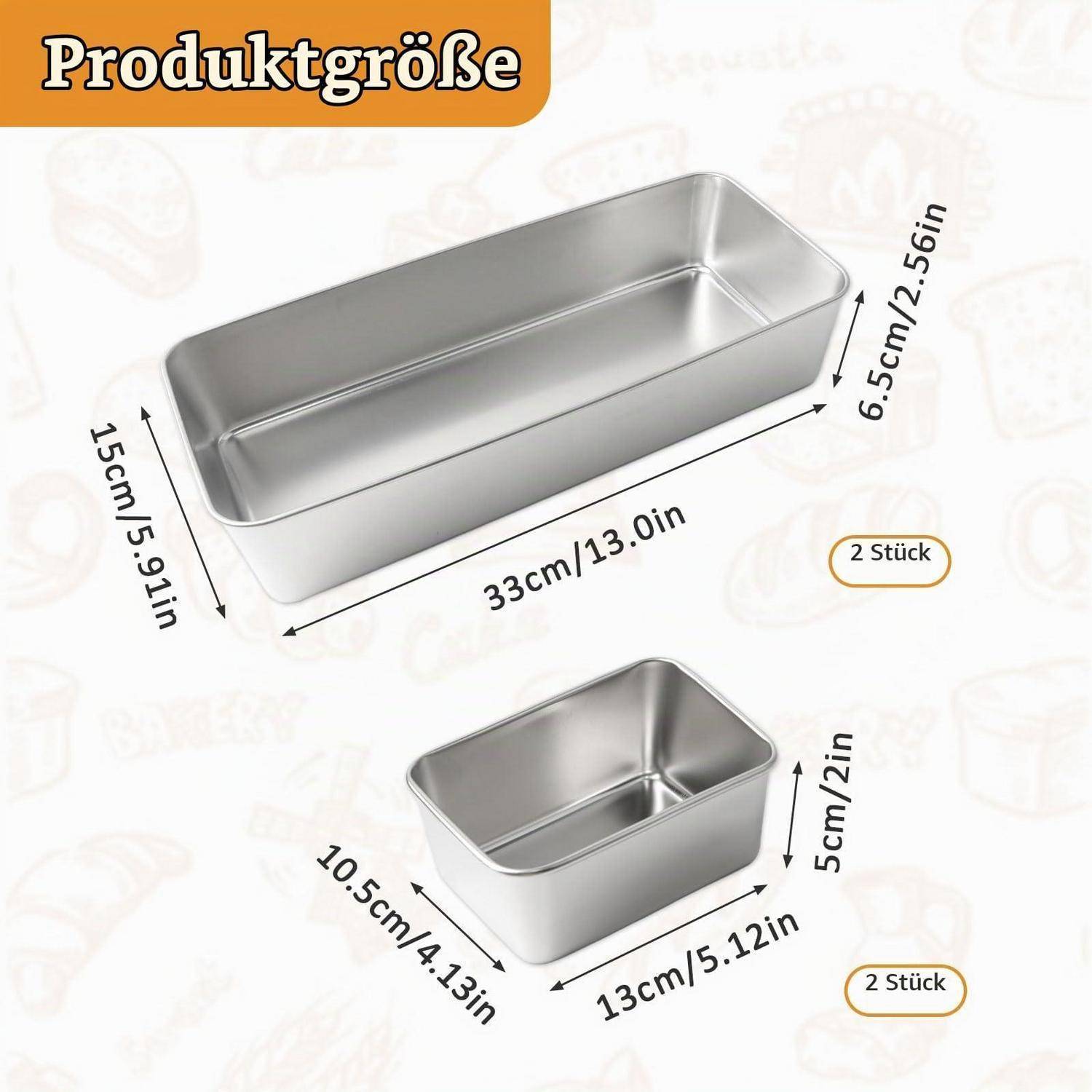 Produktgrößendiagramm mit zwei Edelstahlpfannen: große 33 x 15 x 6,5 cm und kleine 13 x 10,5 x 5 cm, jeweils mit der Beschriftung „2 Stück
