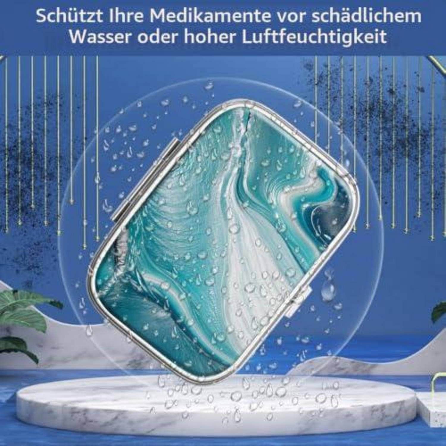 Werbegrafik eines versiegelten Behälters mit Medikamenten vor Wassertröpfchen; Text: 'Schützt Ihre Medikamente vor schädlichem Wasser oder hoher Luftfeuchtigkeit'.