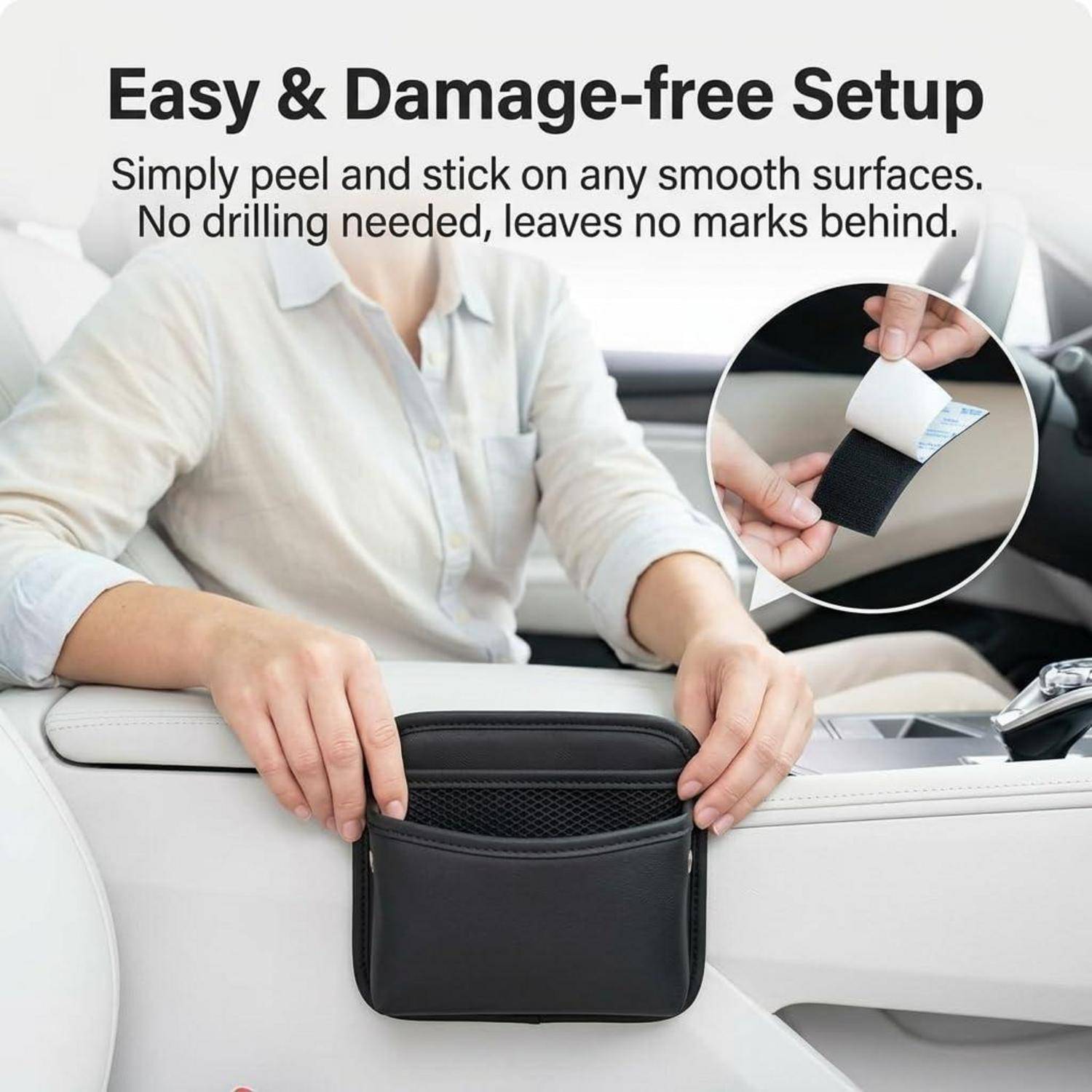 Person klebt und befestigt eine schwarze Organizer-Tasche auf einem Autositz; der Text sagt „Einfaches & schadenfreies Setup" und „Einfach abziehen und auf jeder glatten Oberfläche anbringen. Keine Bohrungen erforderlich, hinterlässt keine Spuren."