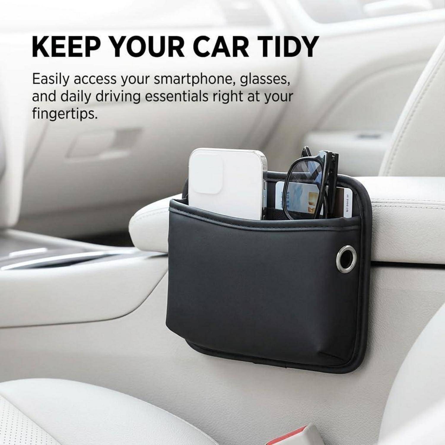 Autositz-Organizer-Tasche, die an der Seite eines Sitzes angebracht ist und ein Smartphone, eine Brille und wichtige Gegenstände hält; Text besagt „HALTEN SIE IHR AUTO ORDENTLICH".