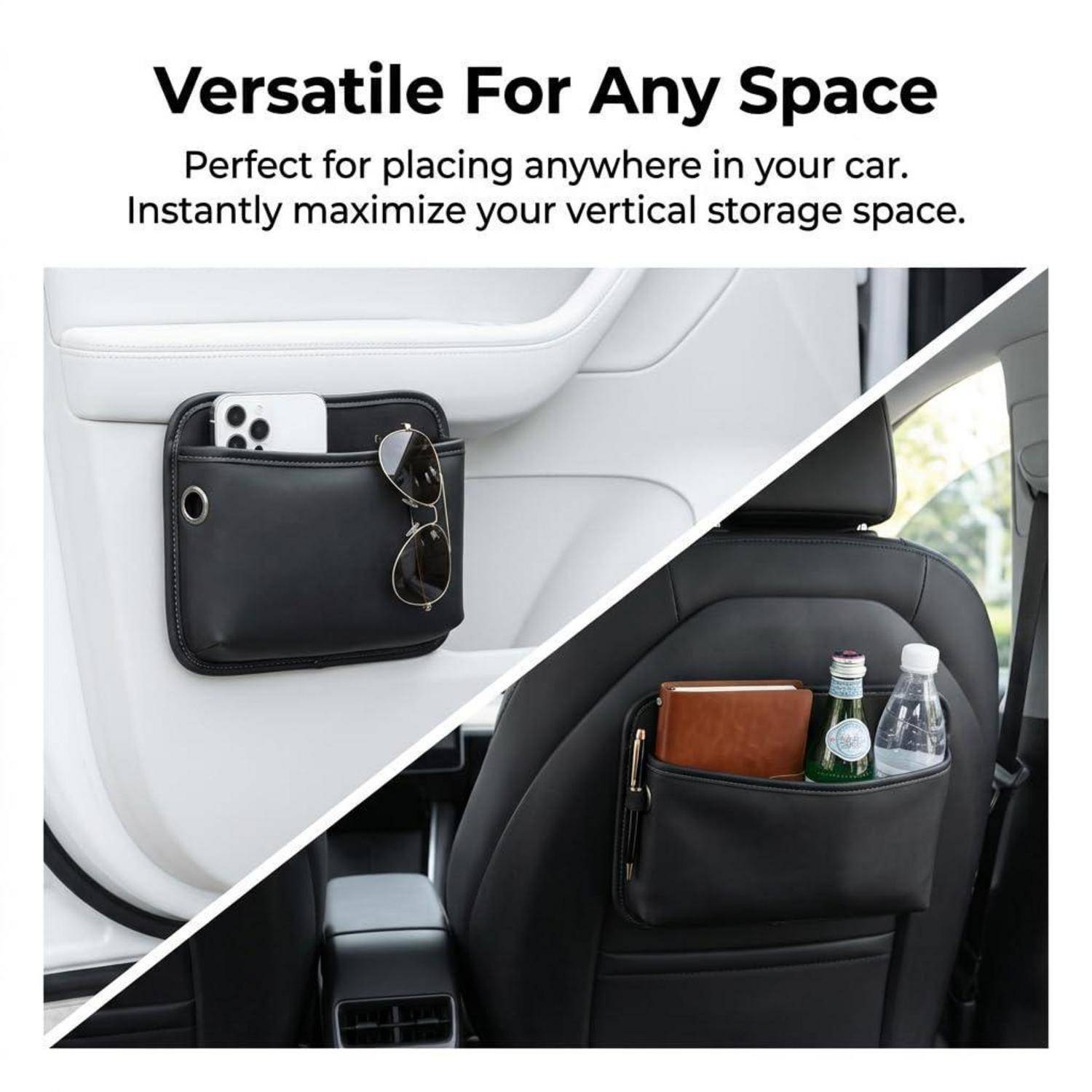 Autositzlehnen-Organizer mit Taschen, der ein Telefon, eine Sonnenbrille, ein Notizbuch und Flaschen hält, gezeigt als platzsparende Aufbewahrungslösung.