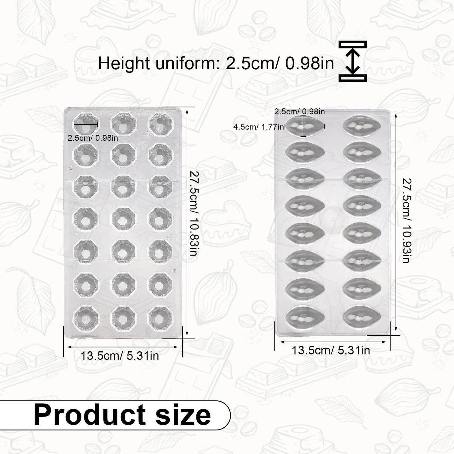 Produktgrößen-Diagramm mit zwei rechteckigen Formen, jeweils 27,5 cm x 13,5 cm, mit einheitlicher Höhe von 2,5 cm und beschrifteten Hohlraum-Abmessungen für die runden und ovalen Designs.