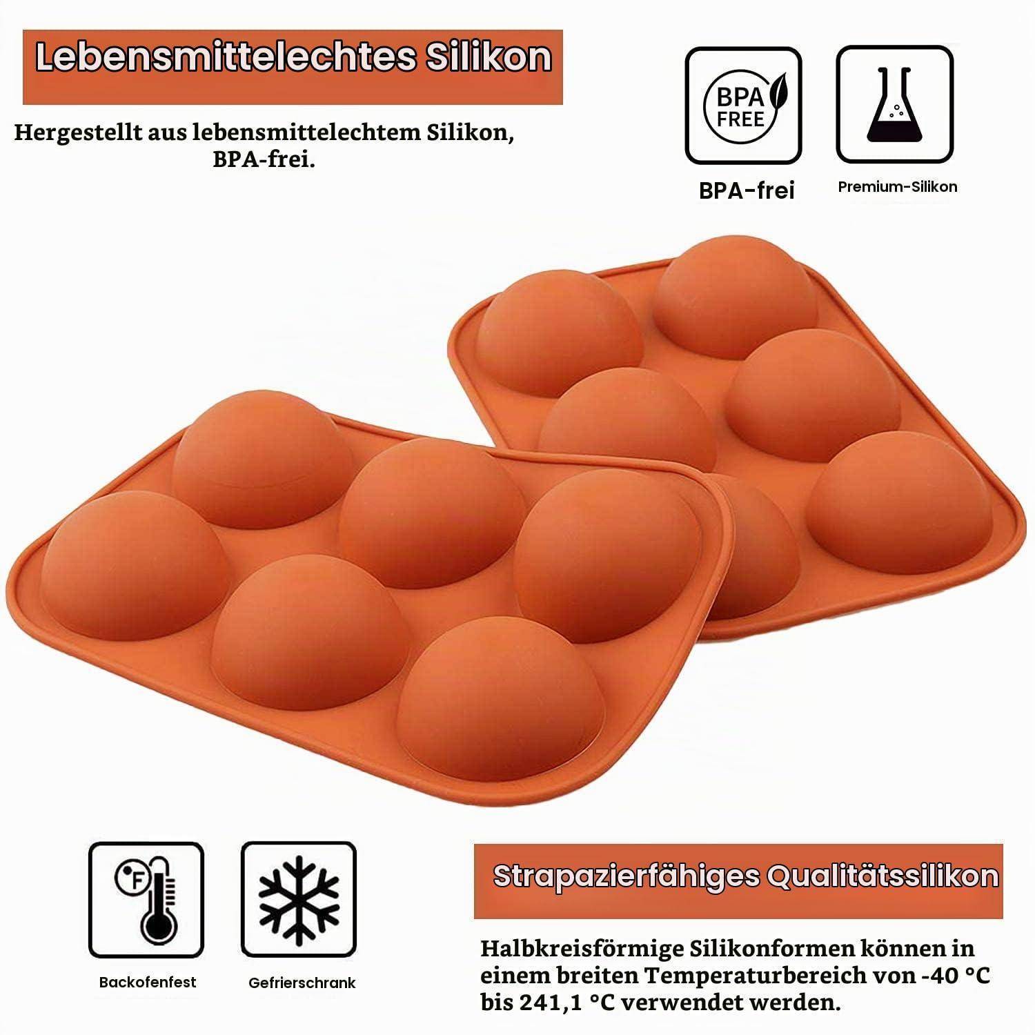 Orangefarbene Silikonformschalen mit sechs Halbkugel-Vertiefungen; gekennzeichnet als lebensmittelsicher, BPA-frei, ofengeeignet, gefriergeeignet und hitze-/kältebeständig.