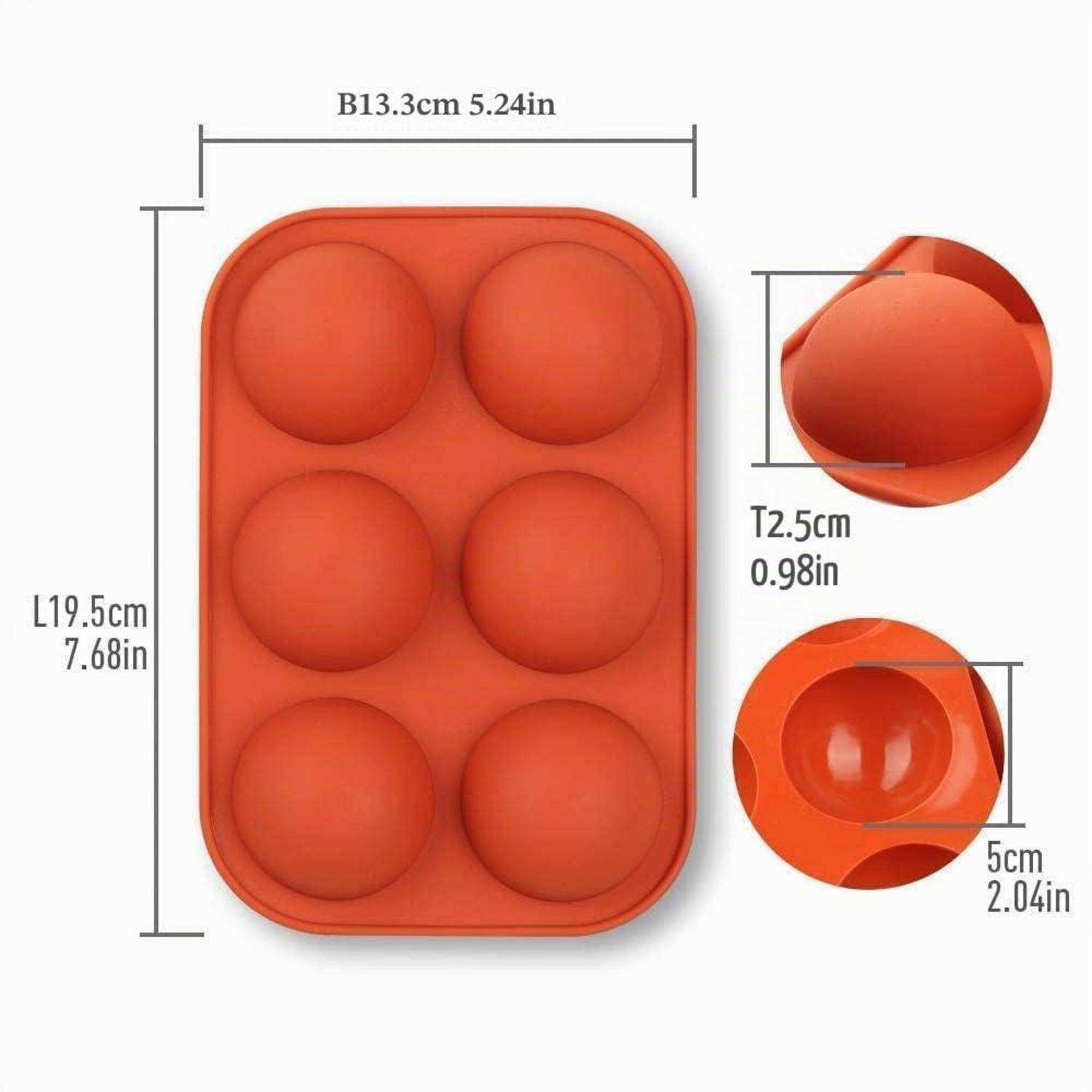 Orangefarbene Silikonform mit sechs runden Mulden, gezeigt mit Maßangaben: 19,5 x 13,3 cm Gesamtgröße, 2,5 cm Tiefe und 5 cm Muldenengröße.