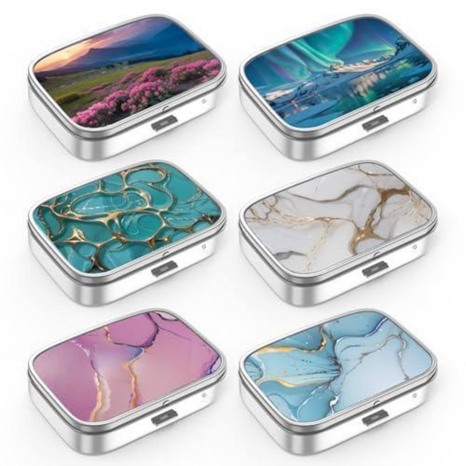 Sechs kleine Silberkästchen mit verschiedenen dekorativen Deckeldesigns, einschließlich Landschafts-, Aurora-, Blaugrün-Mosaik-, weißem Marmor-, rosa Marmor- und blauem Marmor-Mustern.