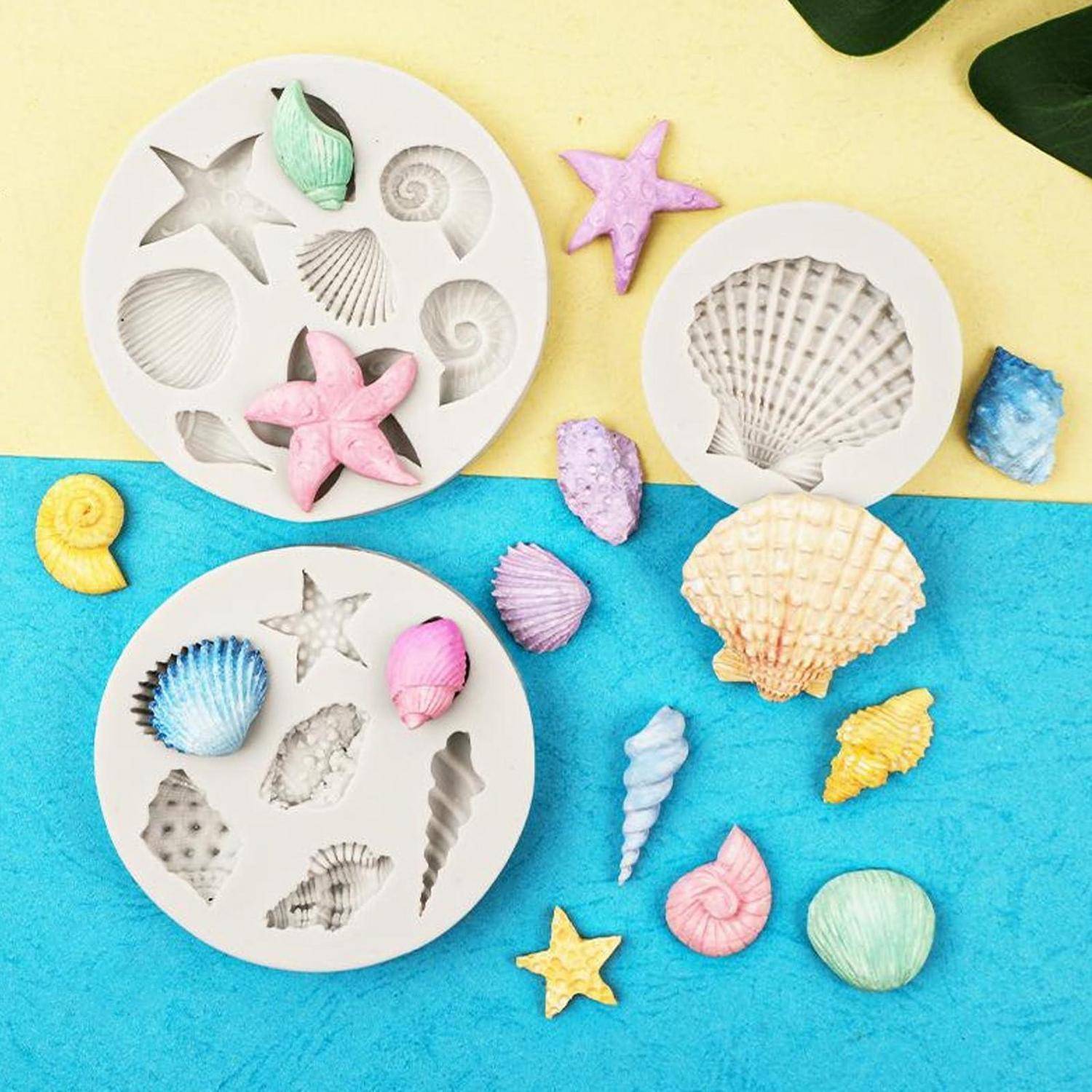 Bunte Muschel- und Seestern-Arrangement auf gelbem und blauem Hintergrund, mit drei weißen runden Präsentationstellern, die verschiedene Muscheln halten.