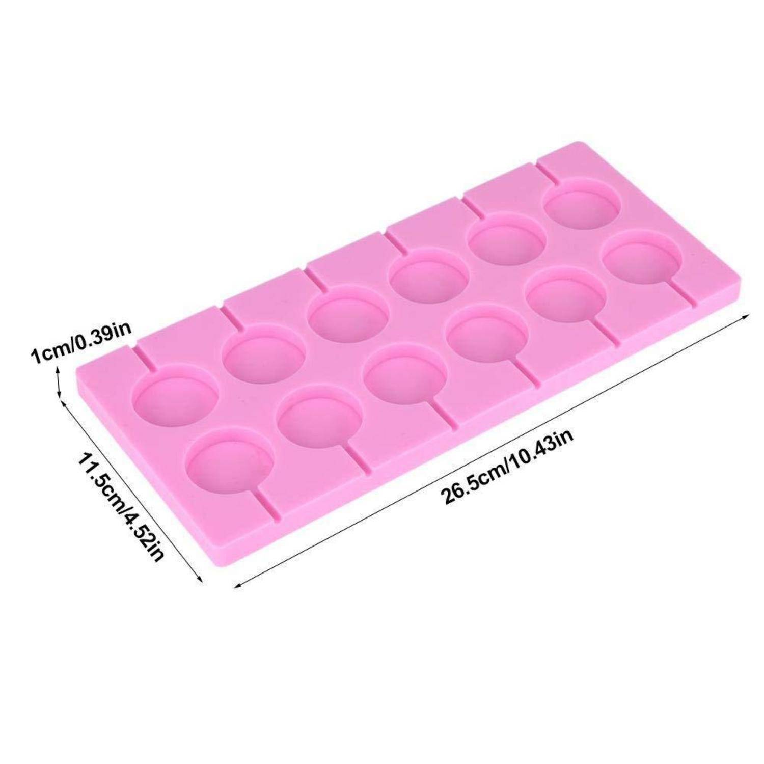 Rosa Silikonform mit 12 runden Mulden an Stöckchen, gezeigt mit Abmessungen von 26,5 cm x 11,5 cm x 1 cm.