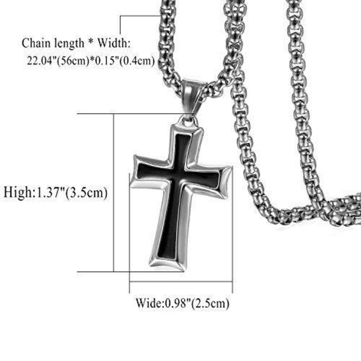 Silbernes Kreuzanhänger-Halskette mit Kettenlänge 22,04 Zoll (56 cm); Anhänger misst 1,37 Zoll Höhe und 0,98 Zoll Breite.