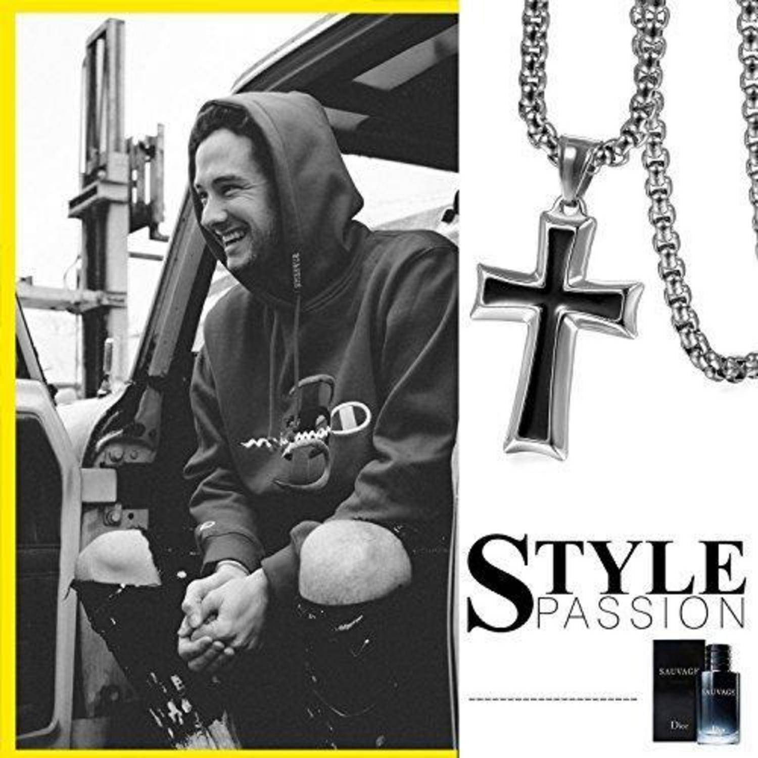 Mode-Anzeigen-Collage: Ein lächelnder Mann in einer Kapuzenjacke, der in einem Auto sitzt, neben einer silbernen Kreuzkette und den Worten „STYLE PASSION".