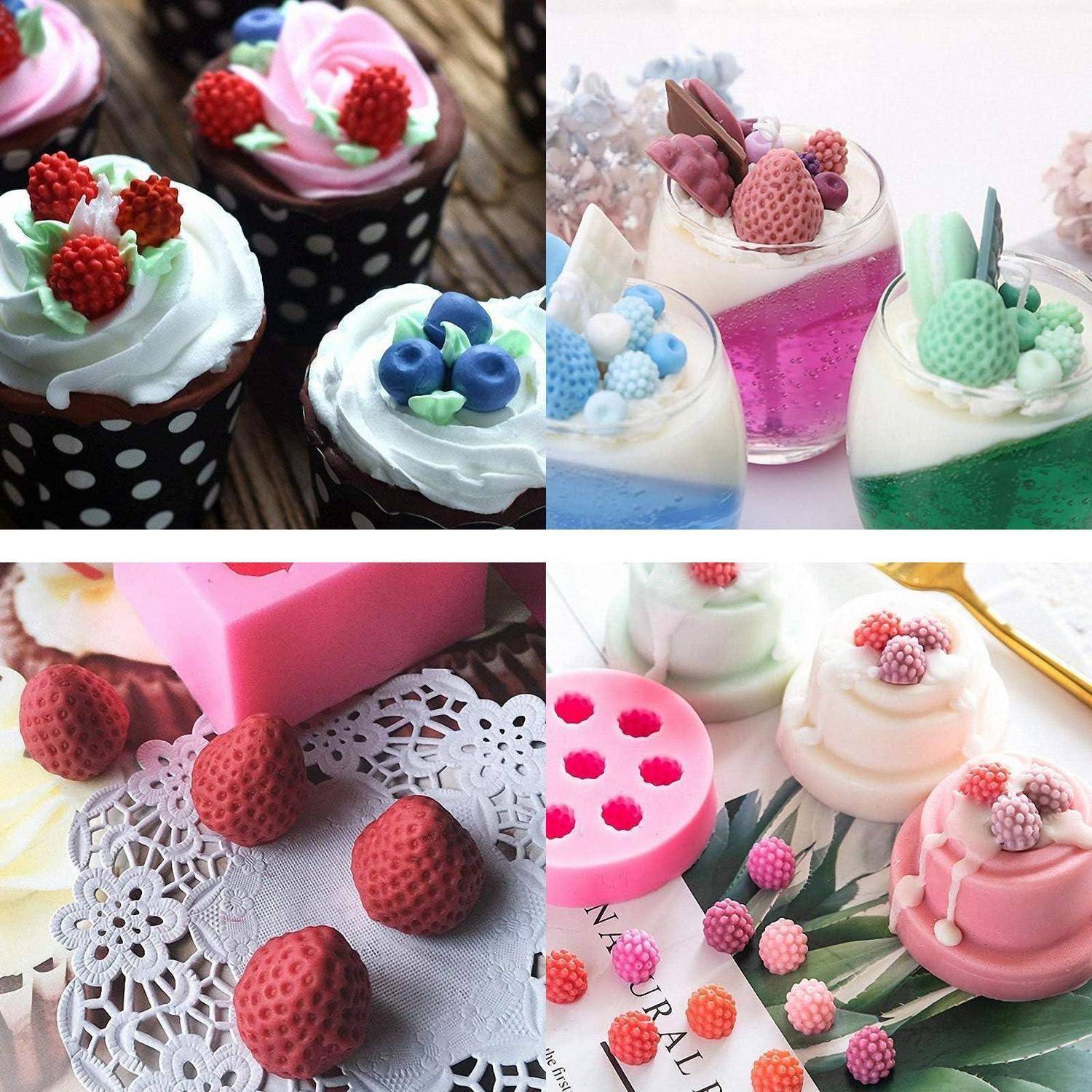 Collage aus bunten beerenbesetzten Desserts und fruchtthematischen Cupcakes in Bechern und Formen, dekoriert mit Schlagsahne, Beeren und Pastellfarben.