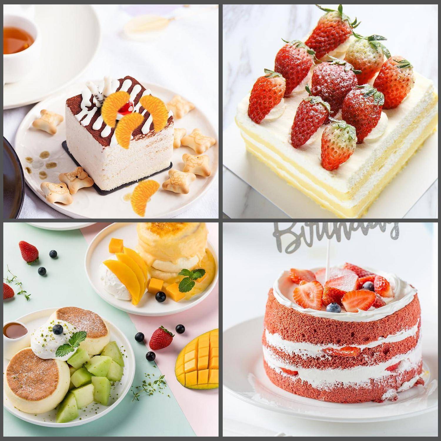 Vier verschiedene mit Obst garnierte Kuchen und angerichtete Desserts, darunter Erdbeerkuchen und Mangokuchen, in einer vierteiligen Collage angeordnet.
