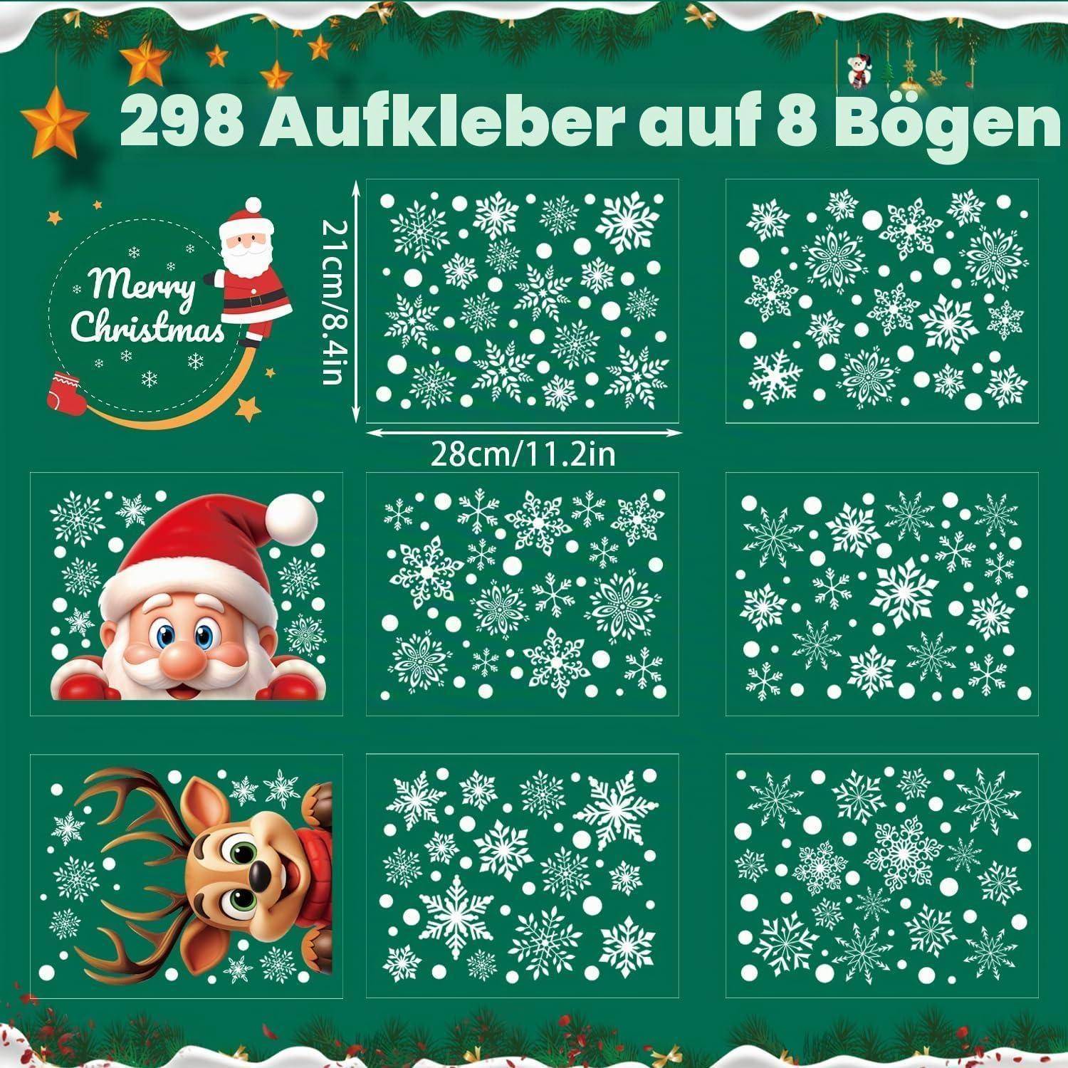 Weihnachtssticker-Set mit 298 Stickern auf 8 Blättern, mit Weihnachtsmann, Rentieren, Schneeflocken und „Frohe Weihnachten"; Blattgröße 28 cm x 21 cm.