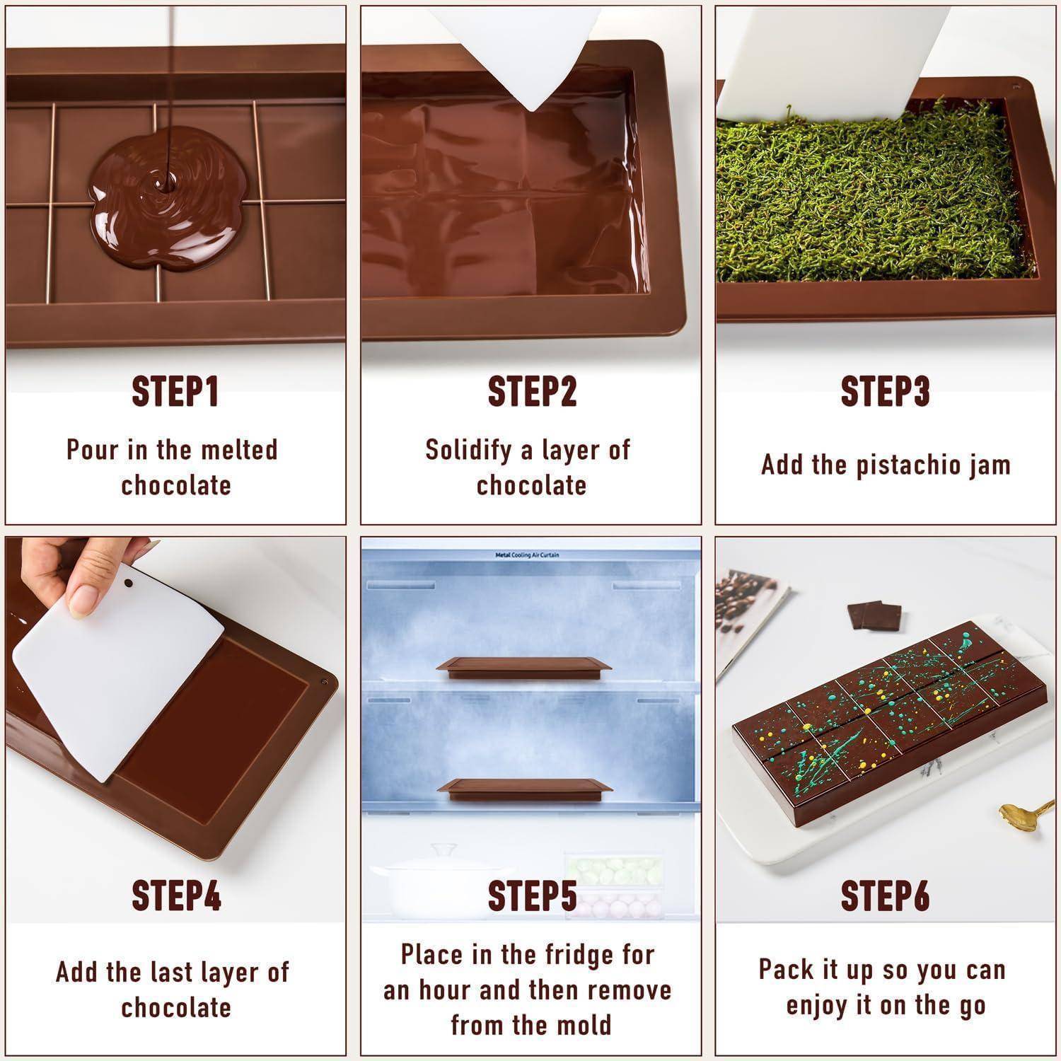 # Sechsstufiges Schokoladenriegel-Rezept Infografik: Geschmolzene Schokolade gießen, kühlen, Pistazienmarmelade hinzufügen, mit Schokolade überziehen, kühl lagern, dann entformen und verpacken.