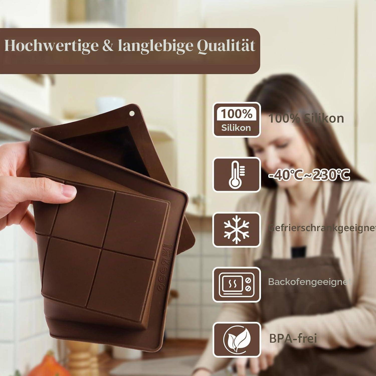 Braune Silikon-Backformen mit deutschem Text, der Qualität hervorhebt, 100% Silikon, -40°C bis 230°C, gefriergeräte- und ofensicher, BPA-frei; Person beim Backen im Hintergrund.