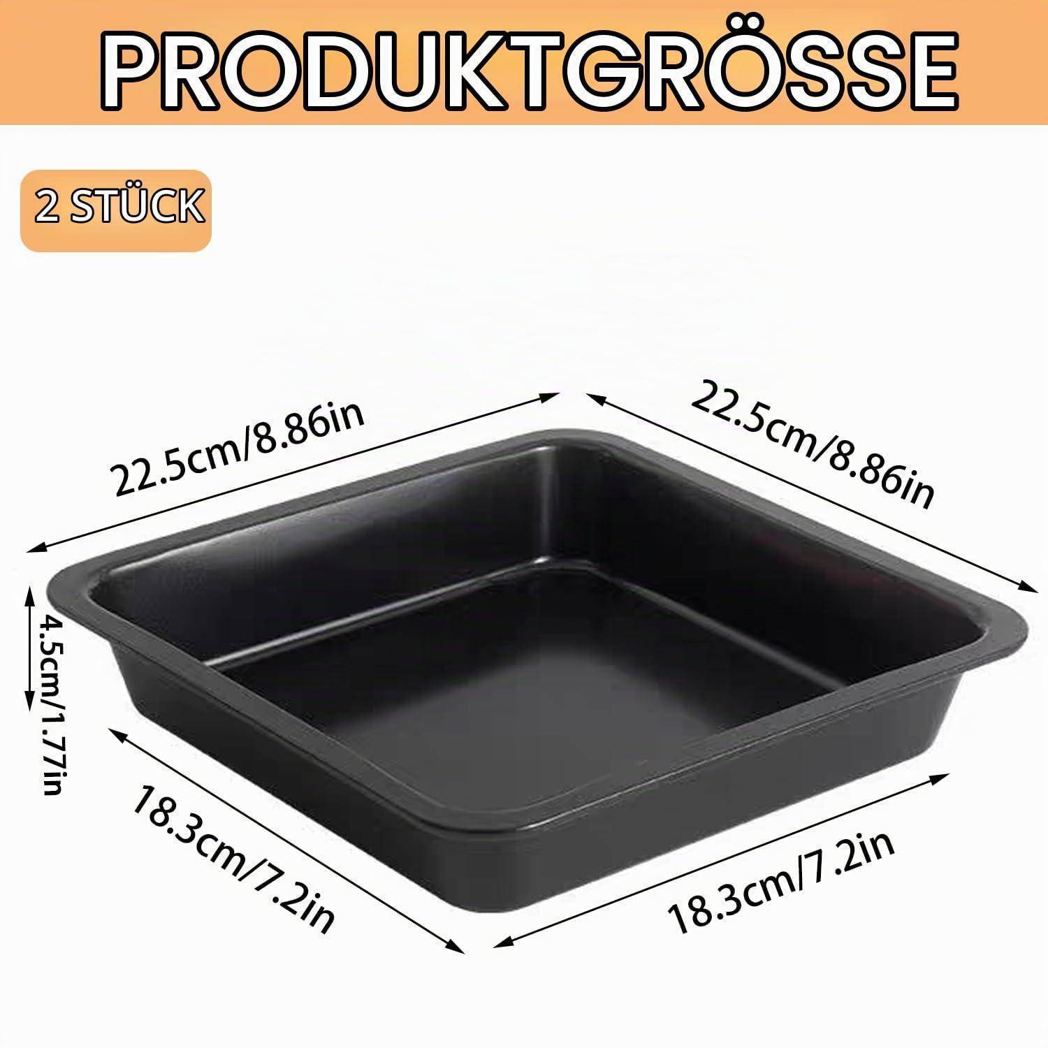 Produktgrößenabbildung von zwei schwarzen quadratischen Backformen, jeweils 22,5 cm x 18,3 cm und 4,5 cm tief.