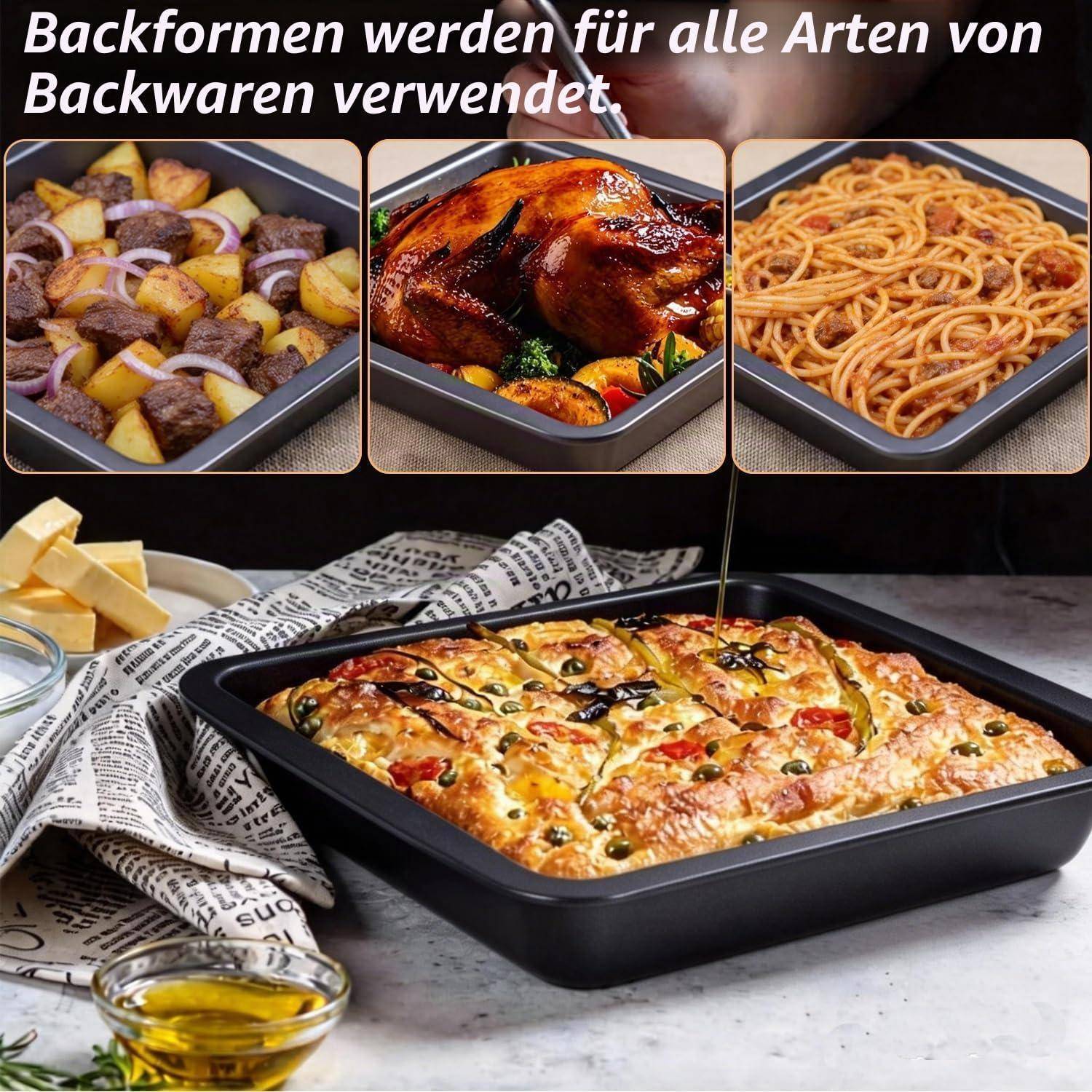 Collage von gebackenen Gerichten in rechteckigen Backblechen, einschließlich gebratener Kartoffeln, Brathähnchen, Spaghetti und einem fertigen Auflauf; deutscher Text besagt „Backbleche werden für alle Arten von Backwaren verwendet.