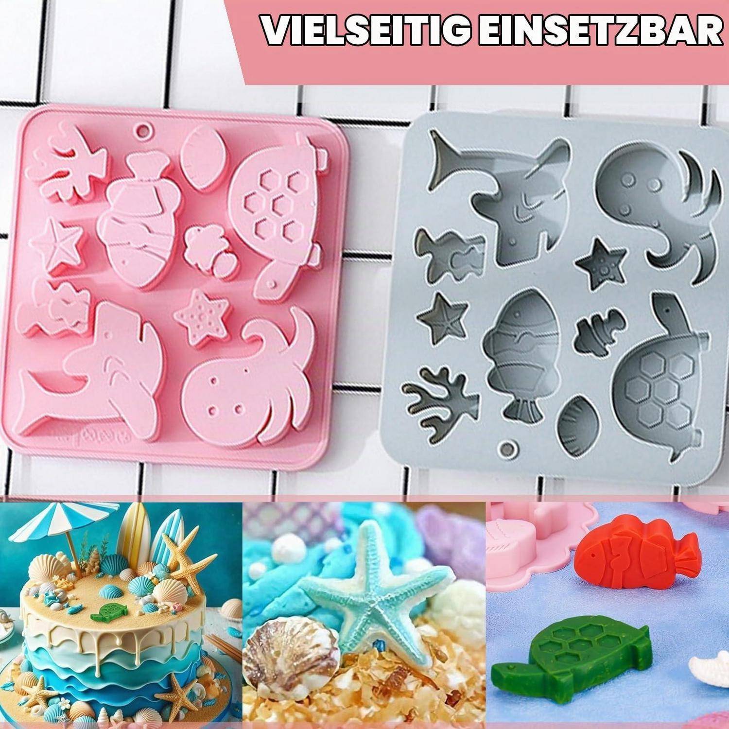 Zwei Silikonmuffelformen für Meereslebewesen mit der Aufschrift „VIELSEITIG EINSETZBAR