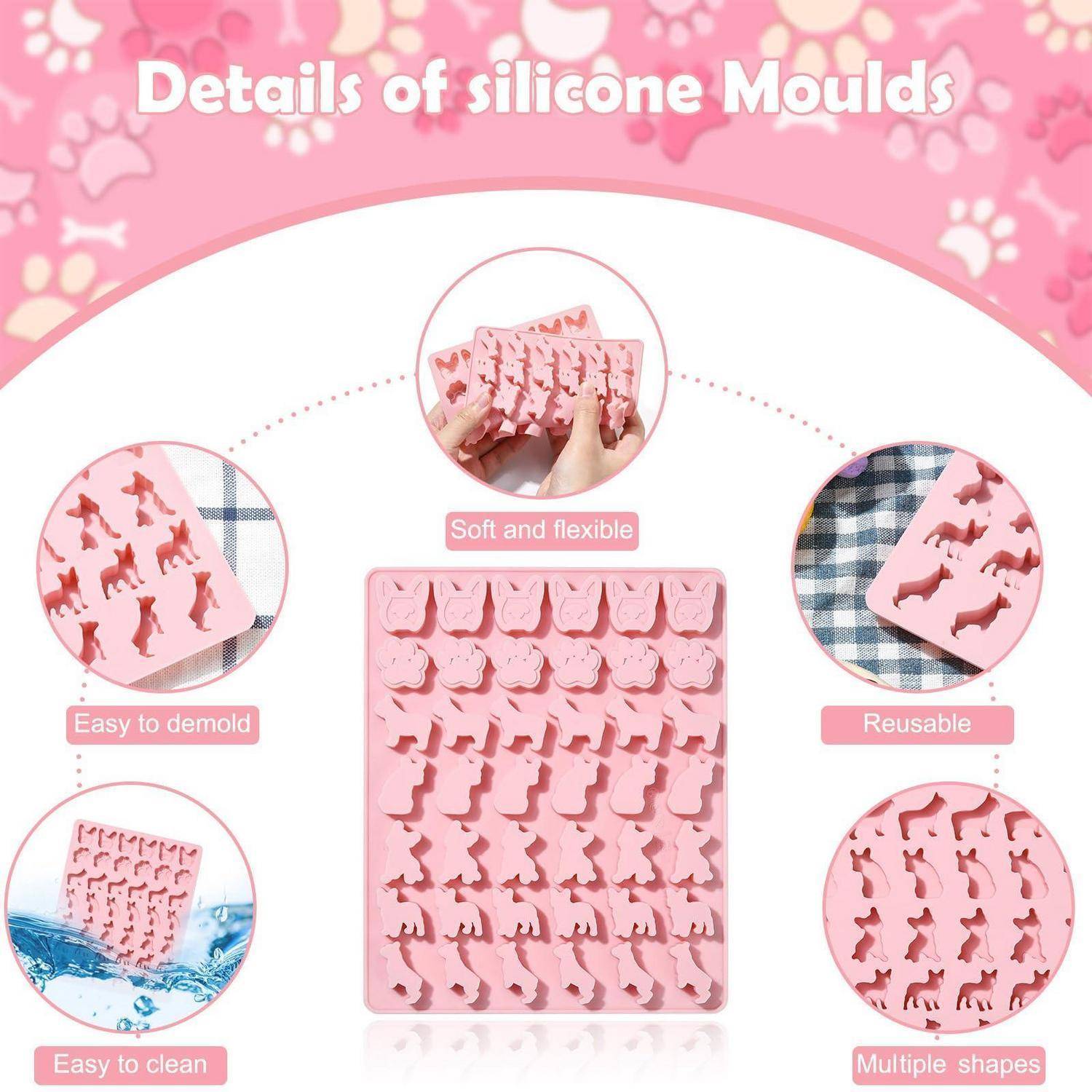 Infografik mit dem Titel „Details von Silikonformen" zeigt eine rosa Silikonform mit Tierformen und hebt hervor: weich und flexibel, leicht zu entformen, wiederverwendbar, leicht zu reinigen und mehrere Formen.