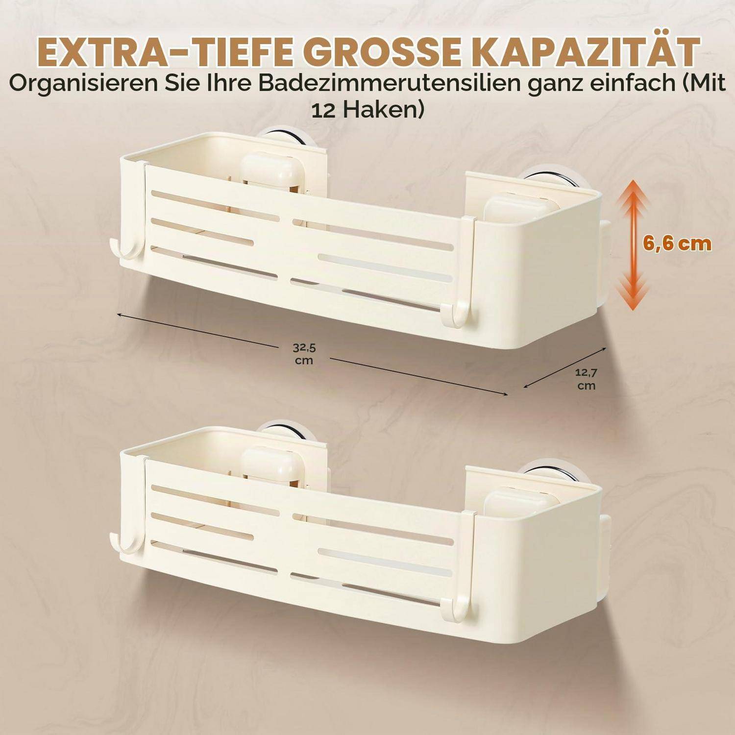 Produktbild einer extra-tiefen Badezimmer-Duschablage mit 12 Haken, gezeigt in zwei Größen, beschriftet mit 32,5 cm x 12,7 cm und 6,6 cm Höhe.