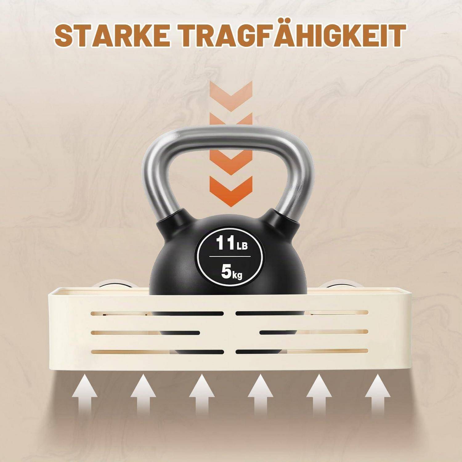 Kettlebell auf einer Stütze mit der Beschriftung '11 LB 5 kg' mit Pfeilen und deutschem Text 'STARKE TRAGFÄHIGKEIT', was eine starke Tragfähigkeit zeigt.