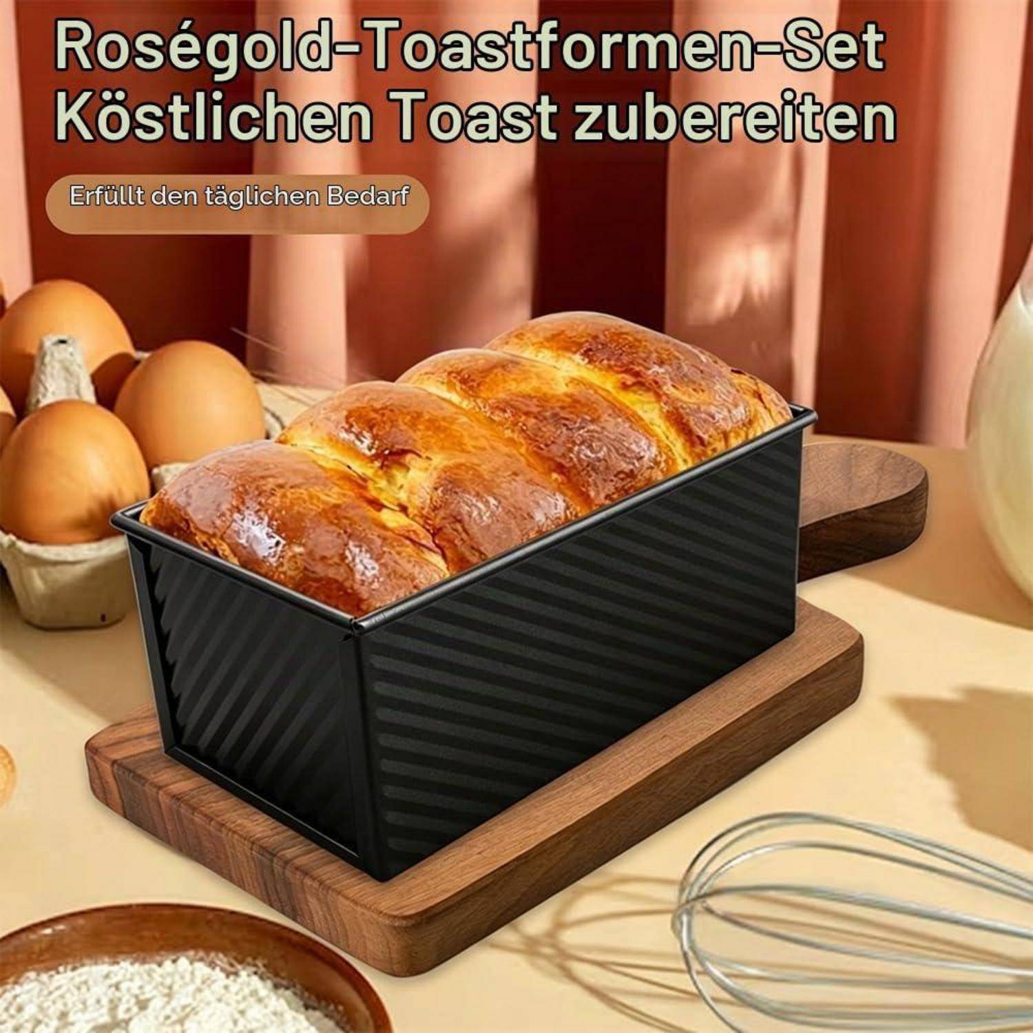Anzeigenbild für ein Roségold-Toastformen-Set mit gebackenem Toast in einer schwarzen Kastenform, Eiern und Mehl in einer Küchenumgebung; deutscher Text lautet "Roségold-Toastformen-Set"" und ""Köstlichen Toast zubereiten"".