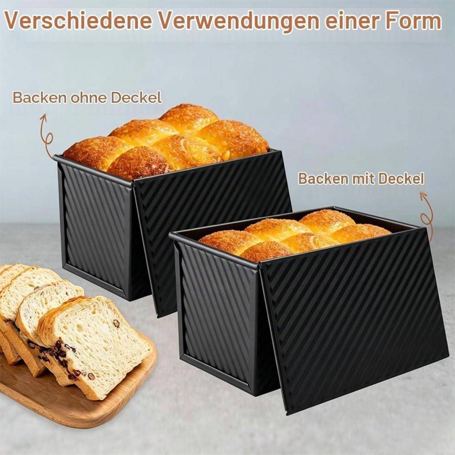 Deutsches Backformen-Angebot, das einen Laib in einer offenen Form und eine abgedeckte Form zeigt, beschriftet mit „Backen ohne Deckel" und „Backen mit Deckel"".