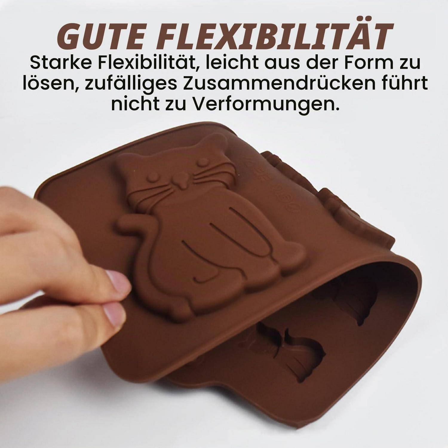Braune, flexible Silikonform, die von Hand gebogen wird; deutscher Text sagt „GUTE FLEXIBILITÄT
