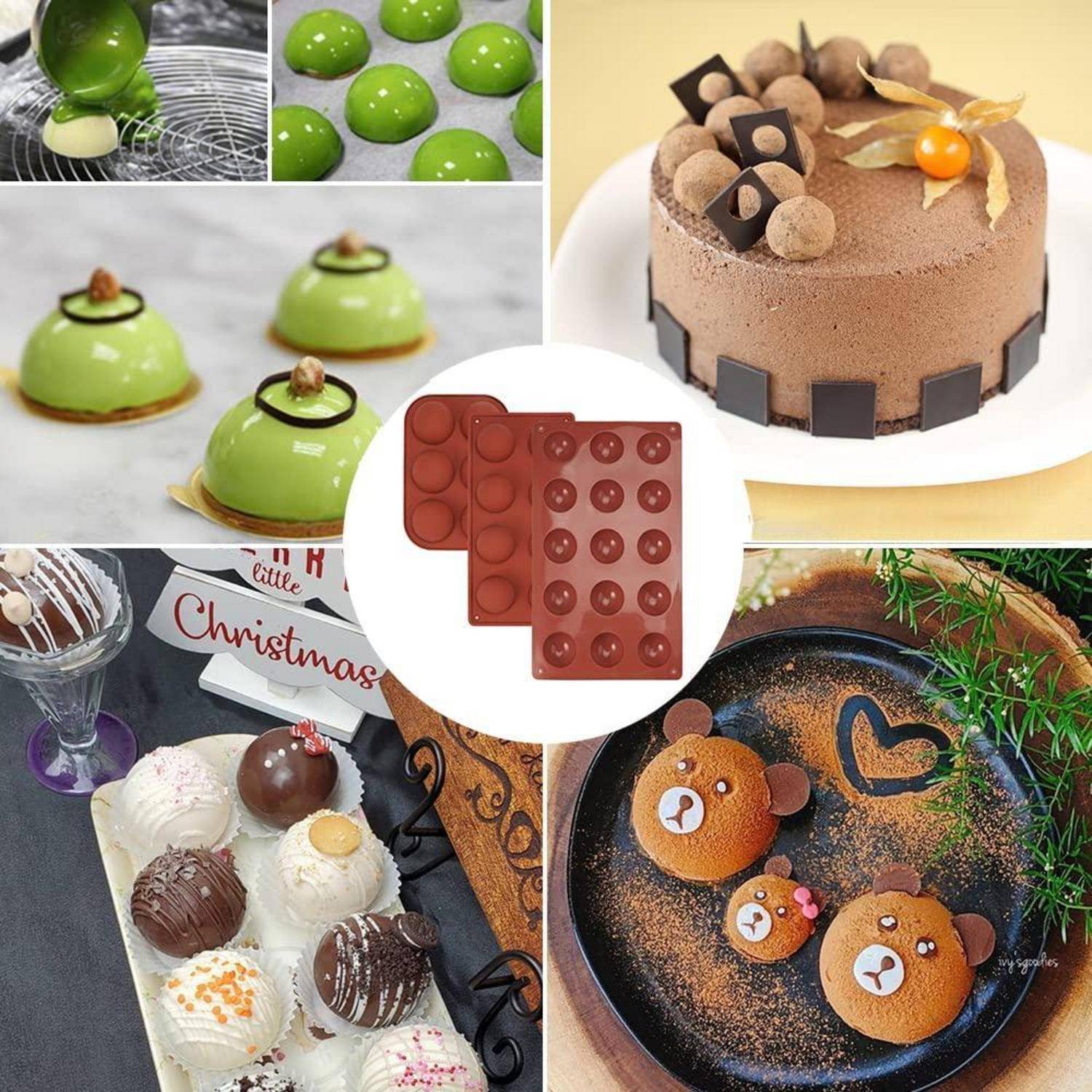 Collage aus Dessertförmchen und fertigen Gebäcken, darunter grüne Kuppelkuchen, eine Schokoladenmousse-Torte, Weihnachtstrüffel und bärenförmige Süßigkeiten.