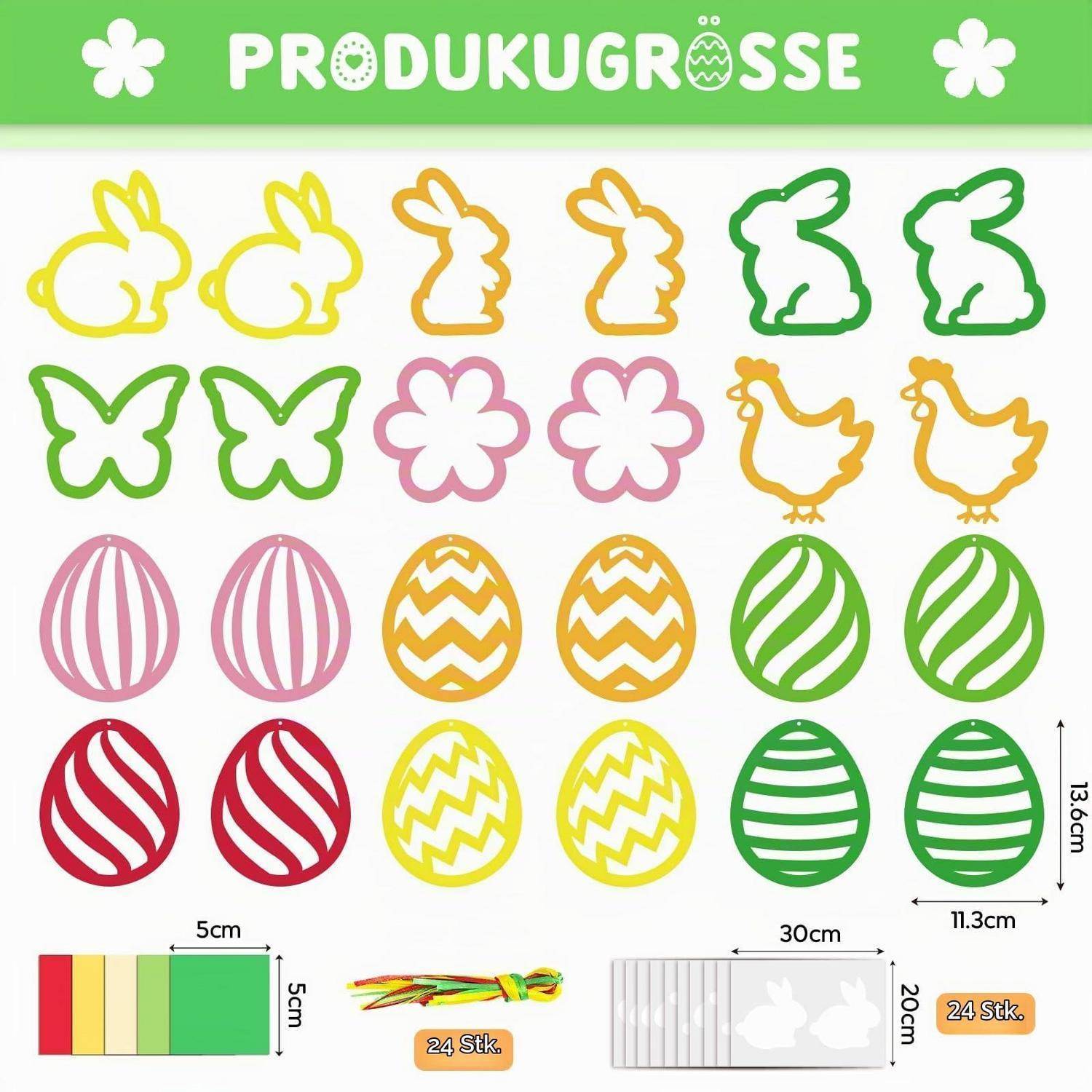 Assortierte Oster-Aufkleber: Hase, Schmetterling, Blume, Küken und verzierte Eierdesigns in leuchtenden Farben, mit Größenbeispielen und „24 Stk.