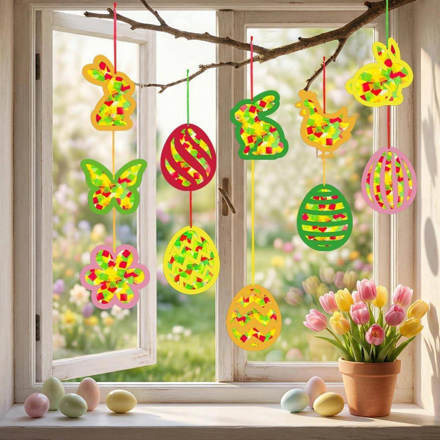 Bunte Ostereierdekoration und Hasenornamente hängen an einem Ast in einem sonnigen Fenster, mit Pastell-Eiern und Tulpen auf der Fensterbank.