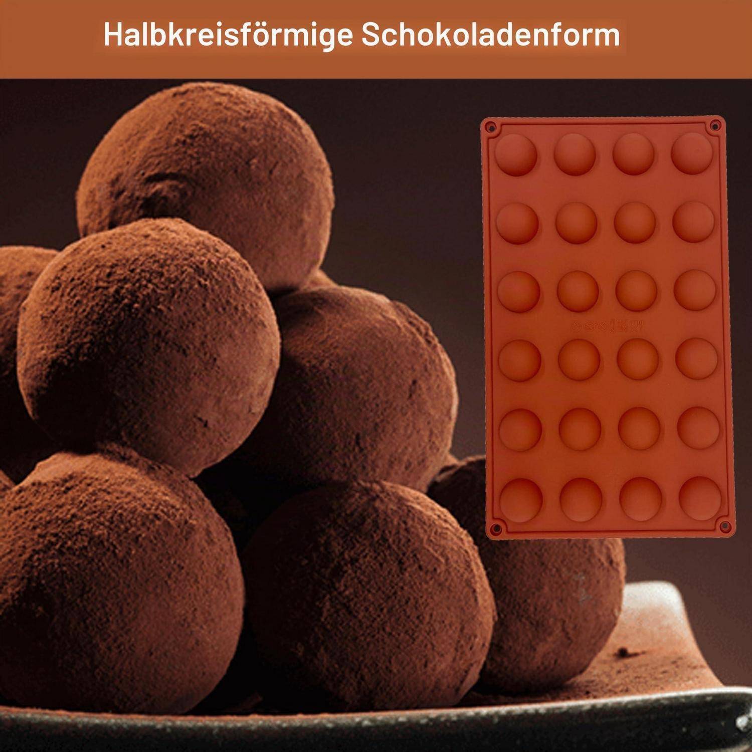 Eine Schokoladenhalbkugelform, die neben fertiggestellten, mit Kakaopuder bestäubten Schokoladenkuppeln gezeigt wird, mit der Bezeichnung „Halbkugelförmige Schokoladenform