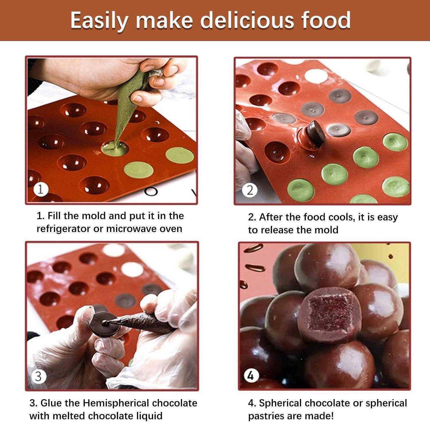 Anleitung zum Herstellen von kugelförmigen Pralinen mit einer Silikonform: Füllen, Kühlen, Entfernen und Zusammensetzen von Schokoladenkugeln.