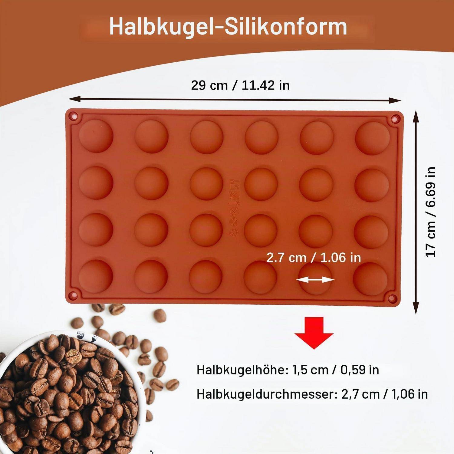 Produktdiagramm einer Silikon-Halbkugelform mit der Bezeichnung „Halbkugel-Silikonform
