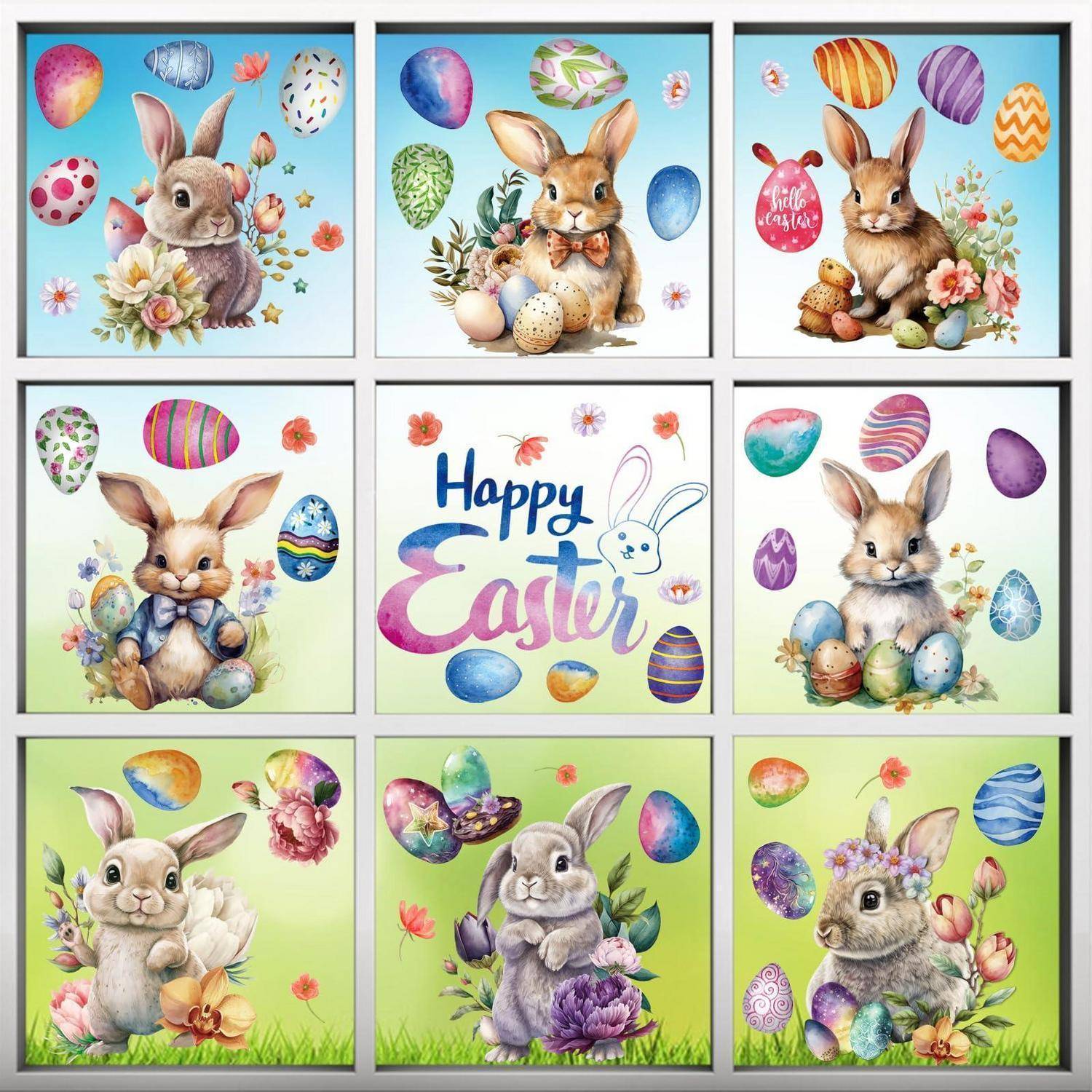 Neun osterhasen-Illustrationen mit Thema mit bunten verzierten Eiern und Blumen, die um eine 