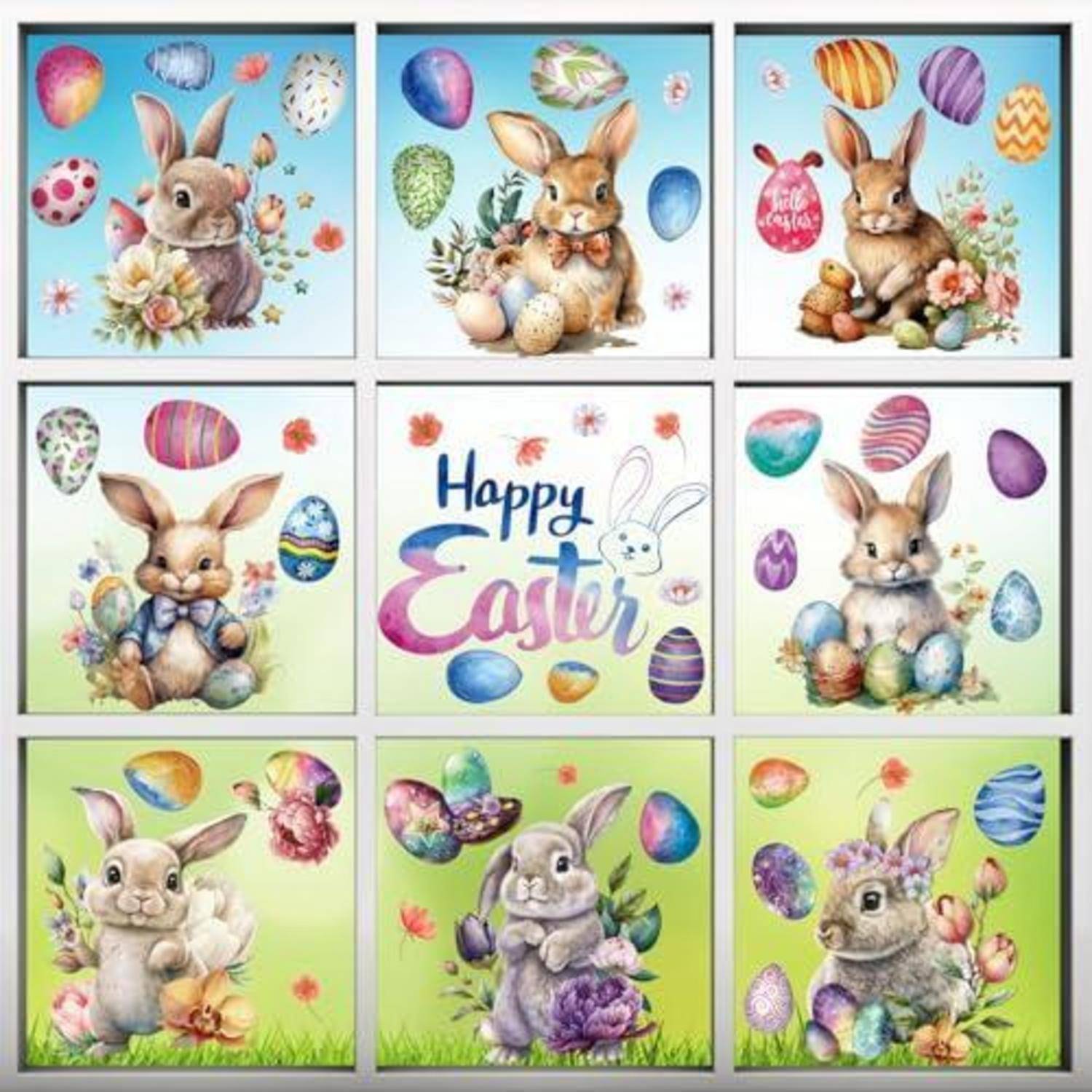 Neun pastellfarbene Osterillustrationen in einem 3x3-Gitter, mit niedlichen Hasen, verzierten Eiern, Blumen und einem Mittelpanel mit der Aufschrift „Frohe Ostern".