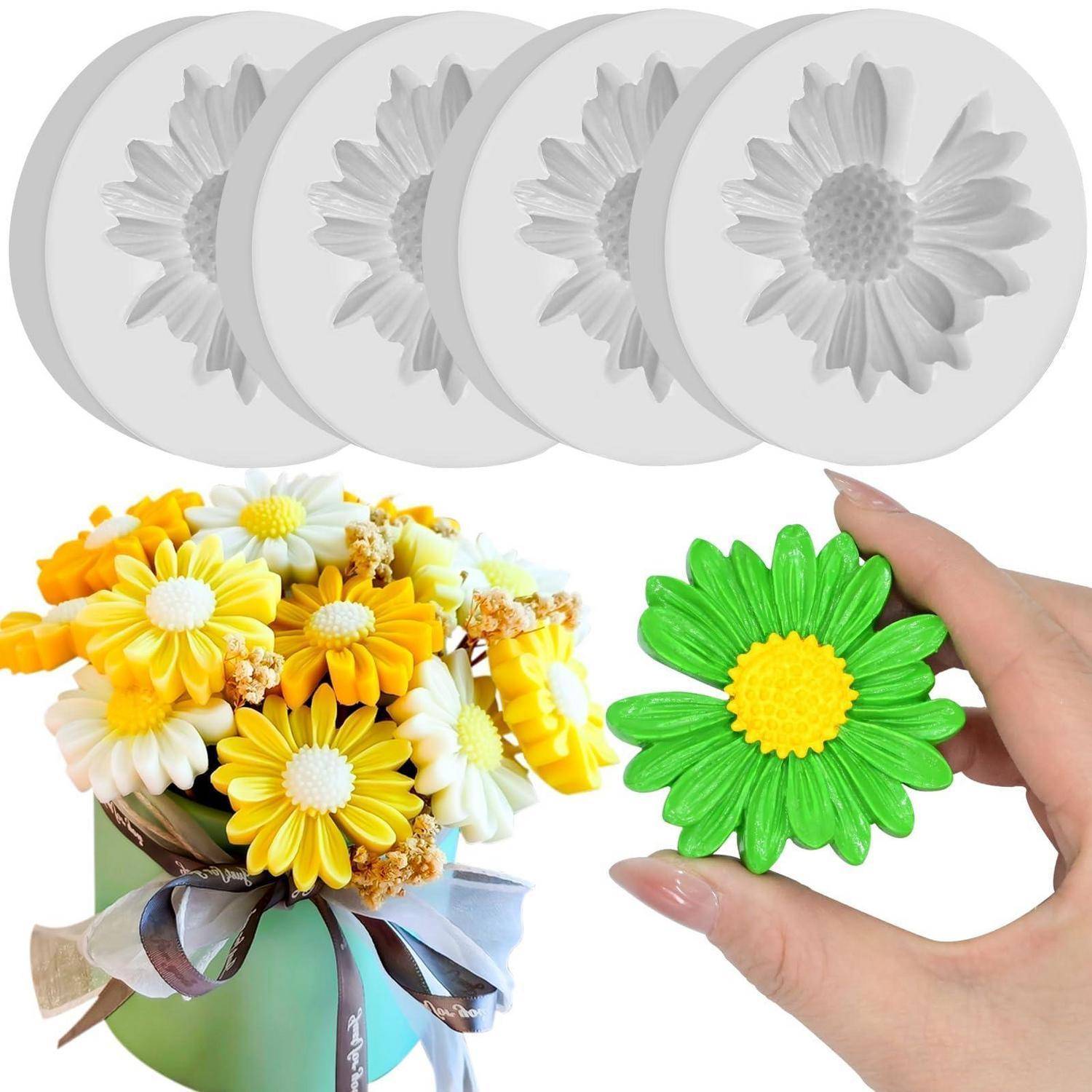 Anzeige von gänseblümchenförmiger gegossener Seife: obere Reihe mit grauen Seifenformen, unten farbenfrohe fertige Blumenseifen in einem Strauß und eine grüne Seife in der Hand.