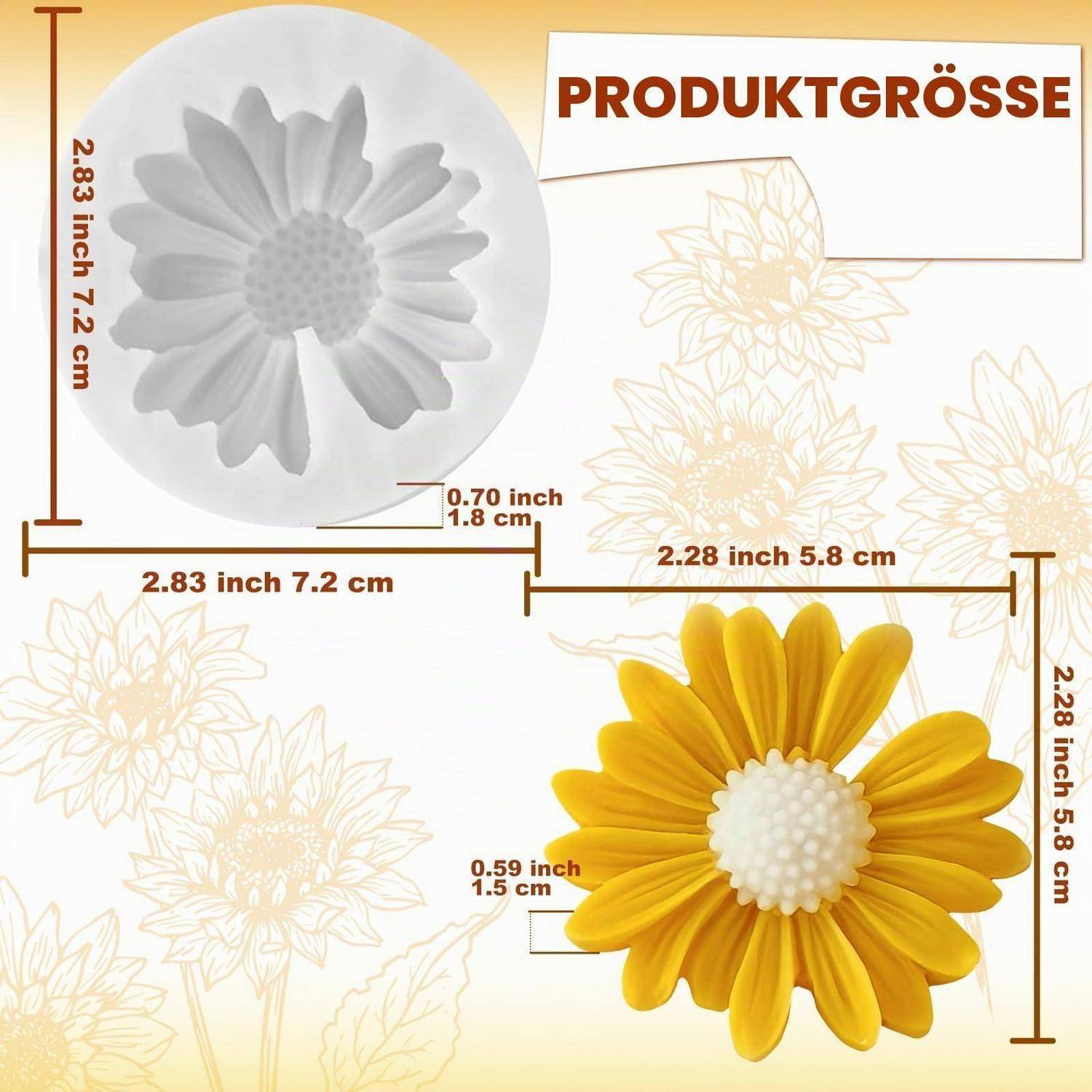Größenleitfaden für eine blumenförmige Form: 2,83 Zoll 7,2 cm breit, 2,28 Zoll 5,8 cm hoch, 0,70 Zoll 1,8 cm tief, mit einem gelben Gänseblümchen-Beispiel.