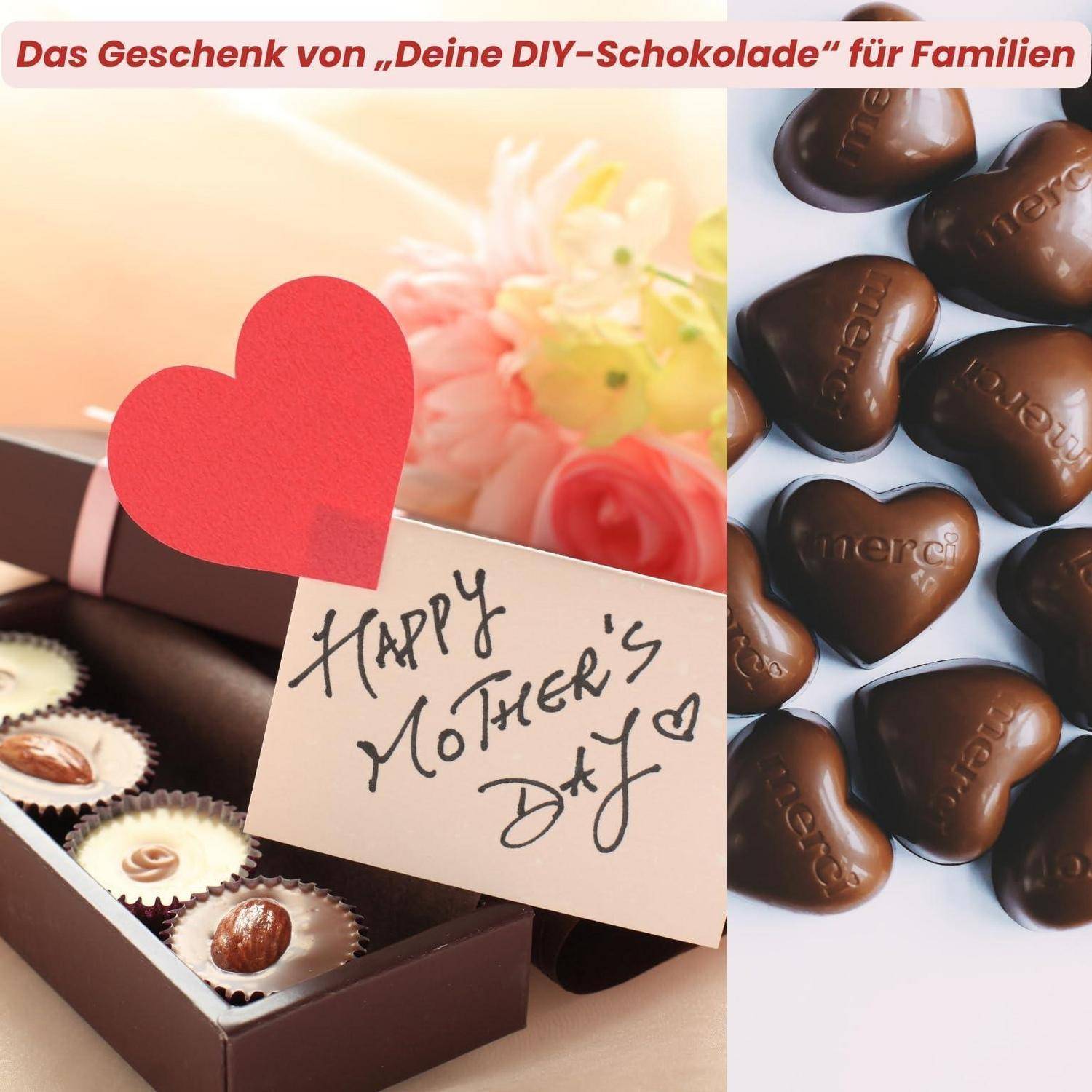 Muttertagsgeschenk-Präsentation mit einer Schachtel selbstgemachter Pralinen mit rotem Herz und „Alles Gute zum Muttertag