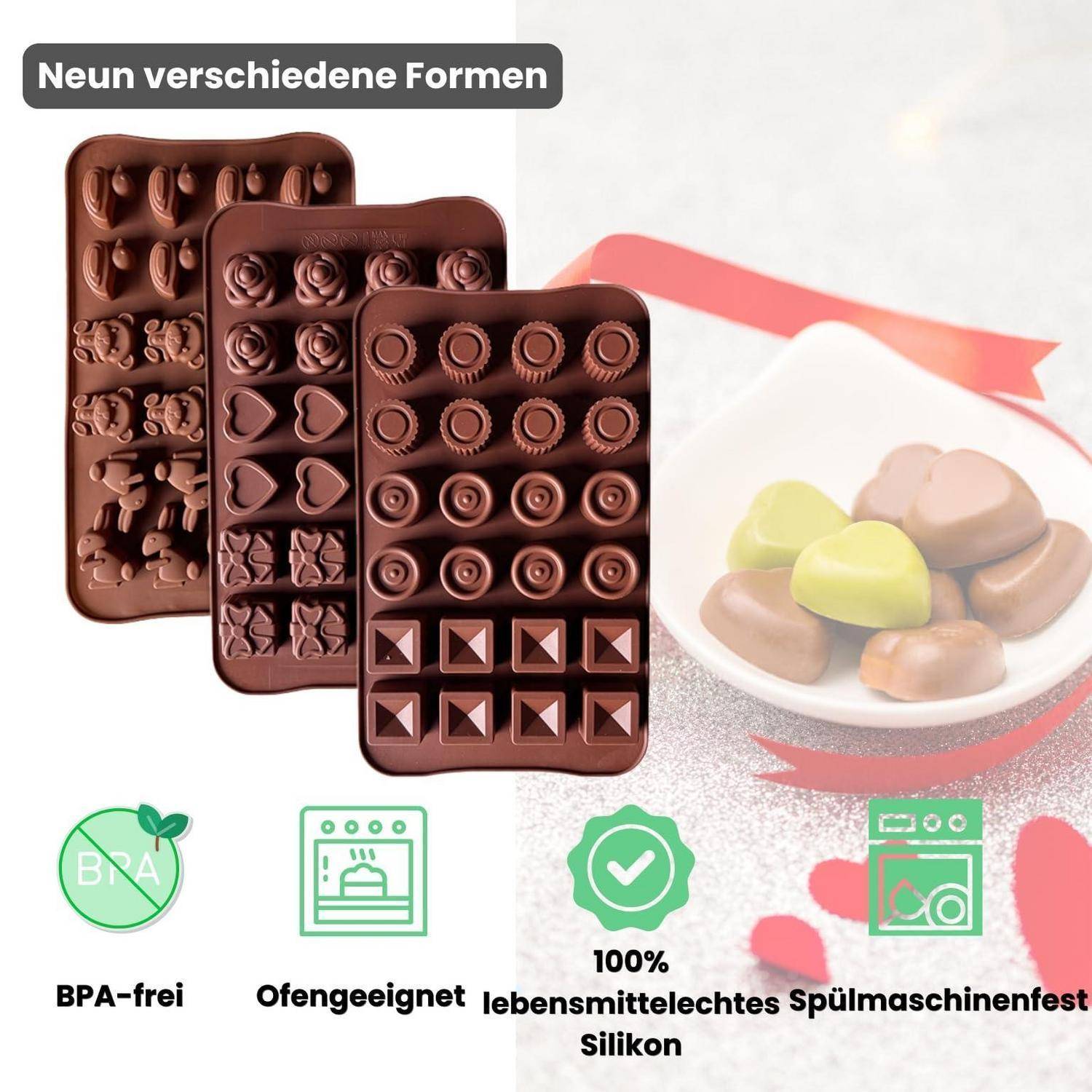 Werbebild von Schokoladenformschalen mit der Bezeichnung „Neun verschiedene Formen