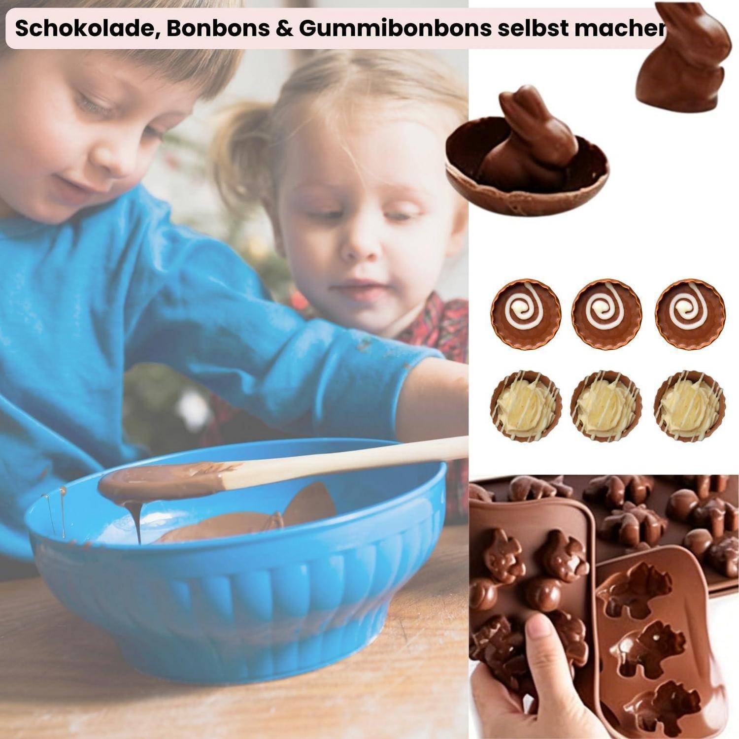 Kinder stellen Schokolade und Bonbons aus geschmolzener Schokolade her; der deutsche Text lautet „Schokolade, Bonbons & Gummibonbons selbst machen