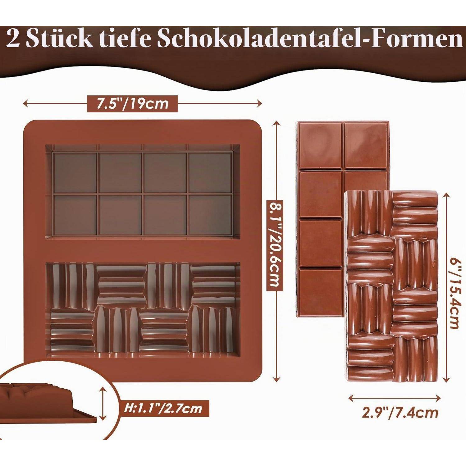 Schokoladentafeln-Gussformset mit zwei tiefe Formen; eine quadratische Form 7,5 Zoll breit und 8,1 Zoll hoch, plus Tafelbeispiele zeigen fertige Schokoladenformen und -größen.